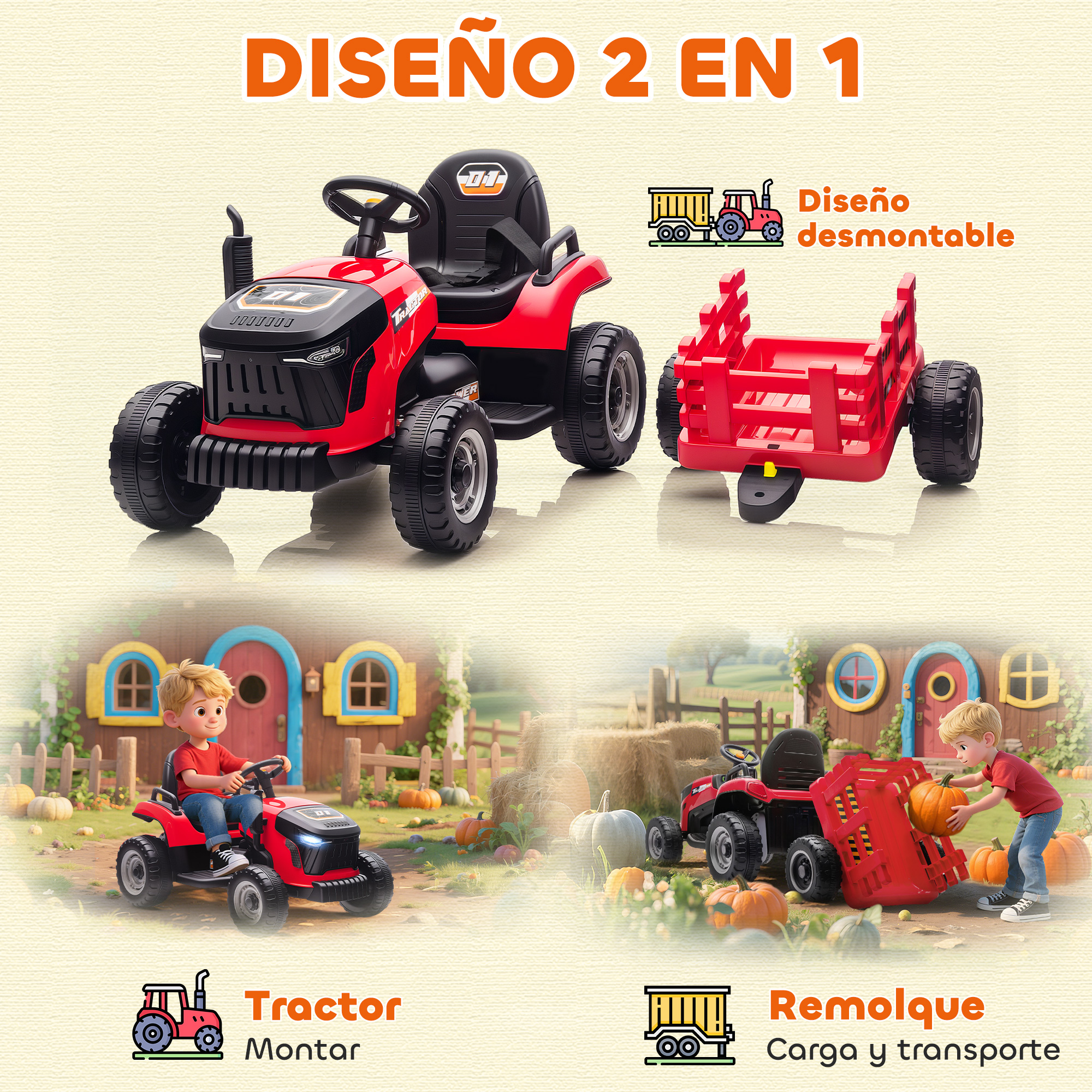 Tractor de juguete rojo con remolque desmontable. Incluye ilustraciones de un niño en el tractor y cargando calabazas.
