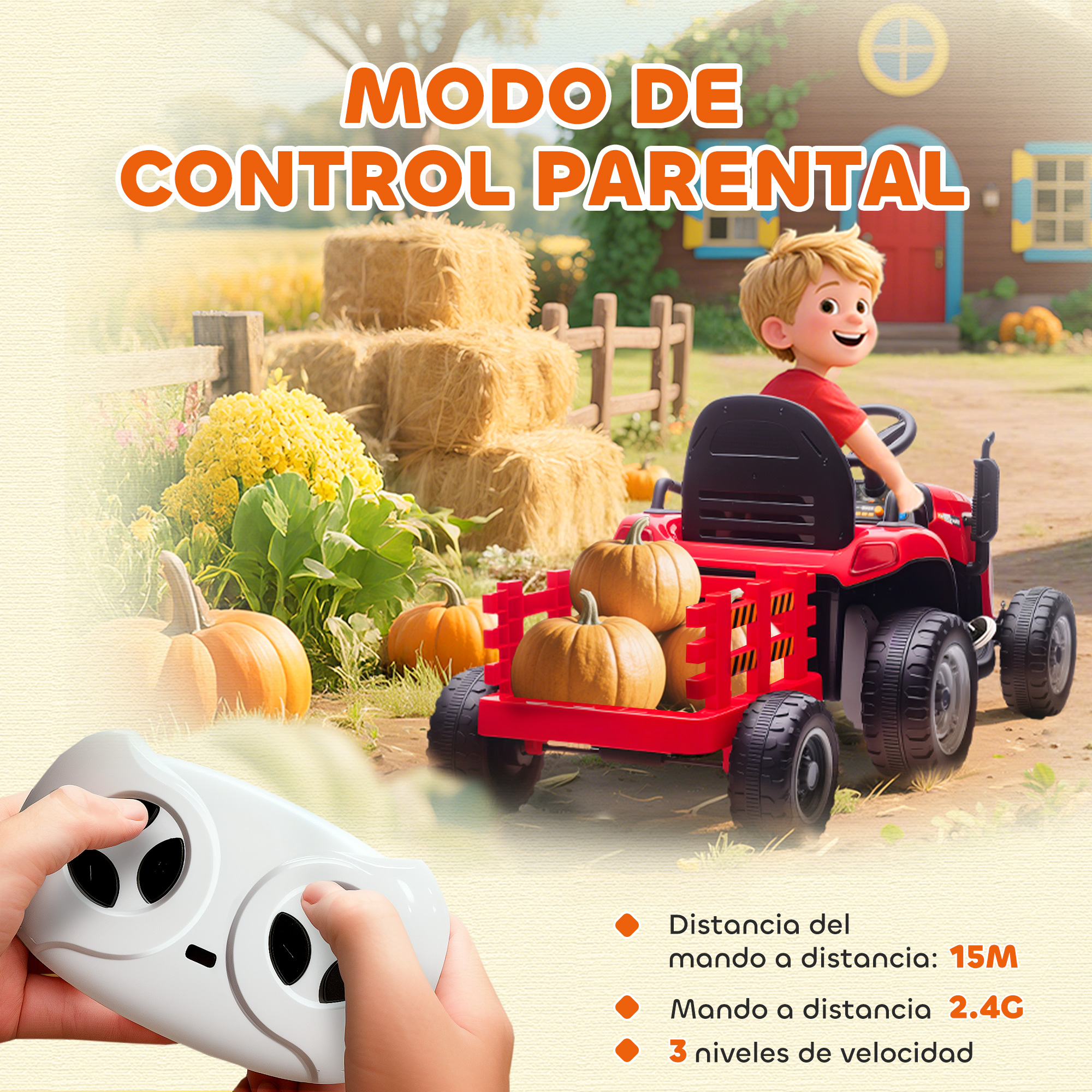Un niño conduce un tractor rojo cargado de calabazas. Un control remoto está en primer plano. El fondo muestra balas de heno y una casa.