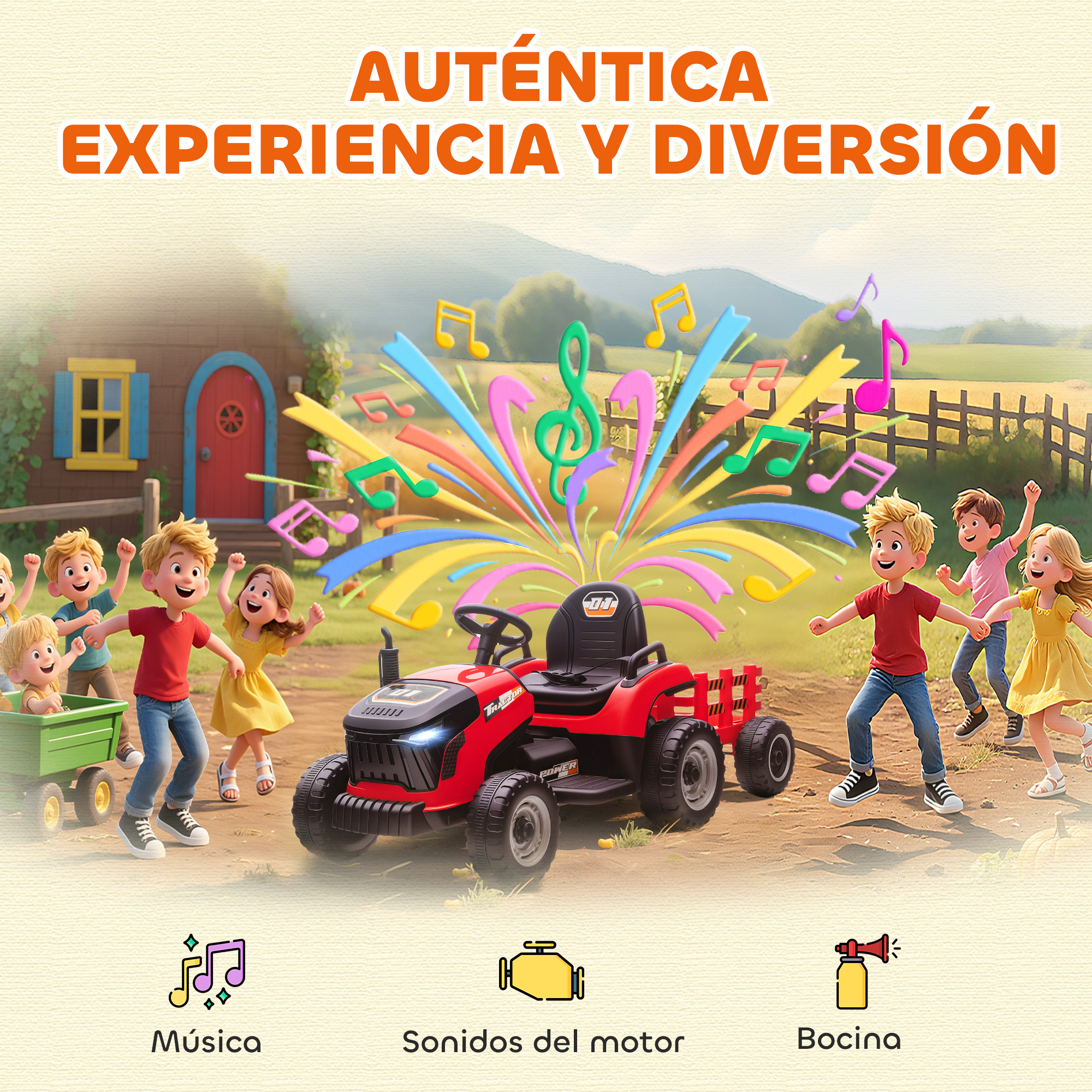 Niños juegan alrededor de un tractor de juguete rojo con notas musicales. Una casa y un campo están al fondo.