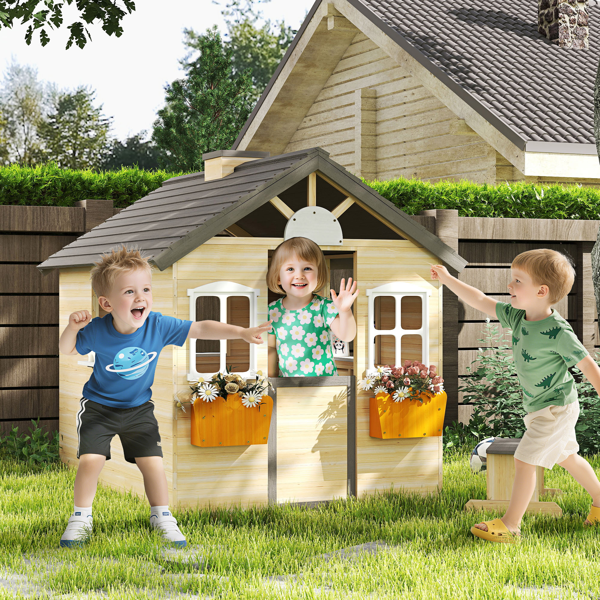 Tres niños juegan cerca de una casa de juegos de madera con jardineras. Una casa y árboles están en el fondo.