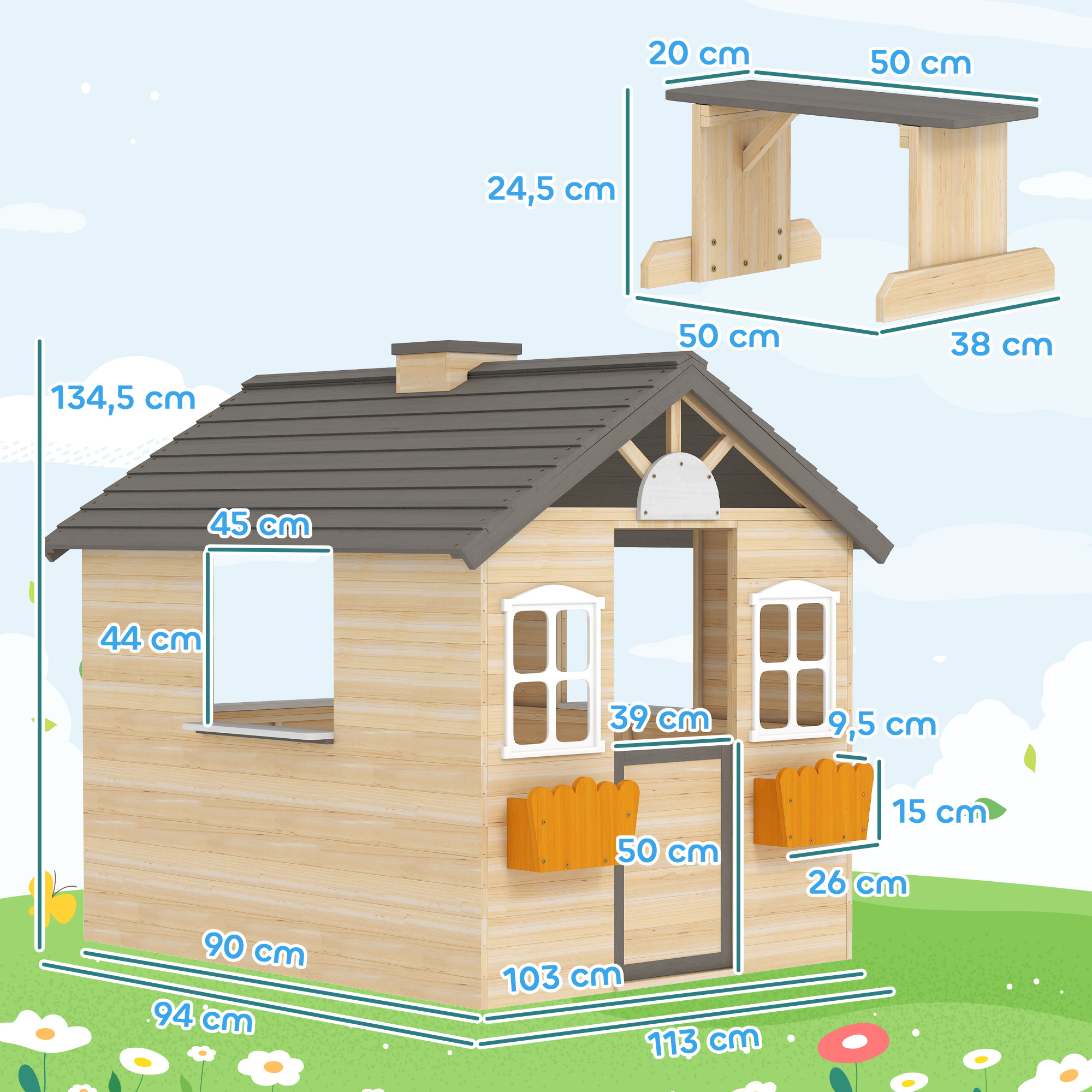 Una casita de madera con dimensiones etiquetadas, una mesa y un fondo de hierba verde con flores y cielo.