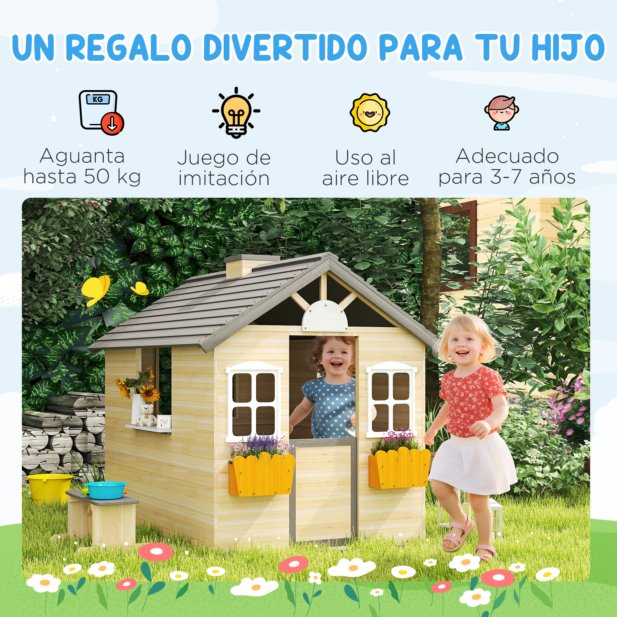 Un niño juega cerca de una casa de juegos de madera con dos niños dentro. Flores y hierba la rodean.