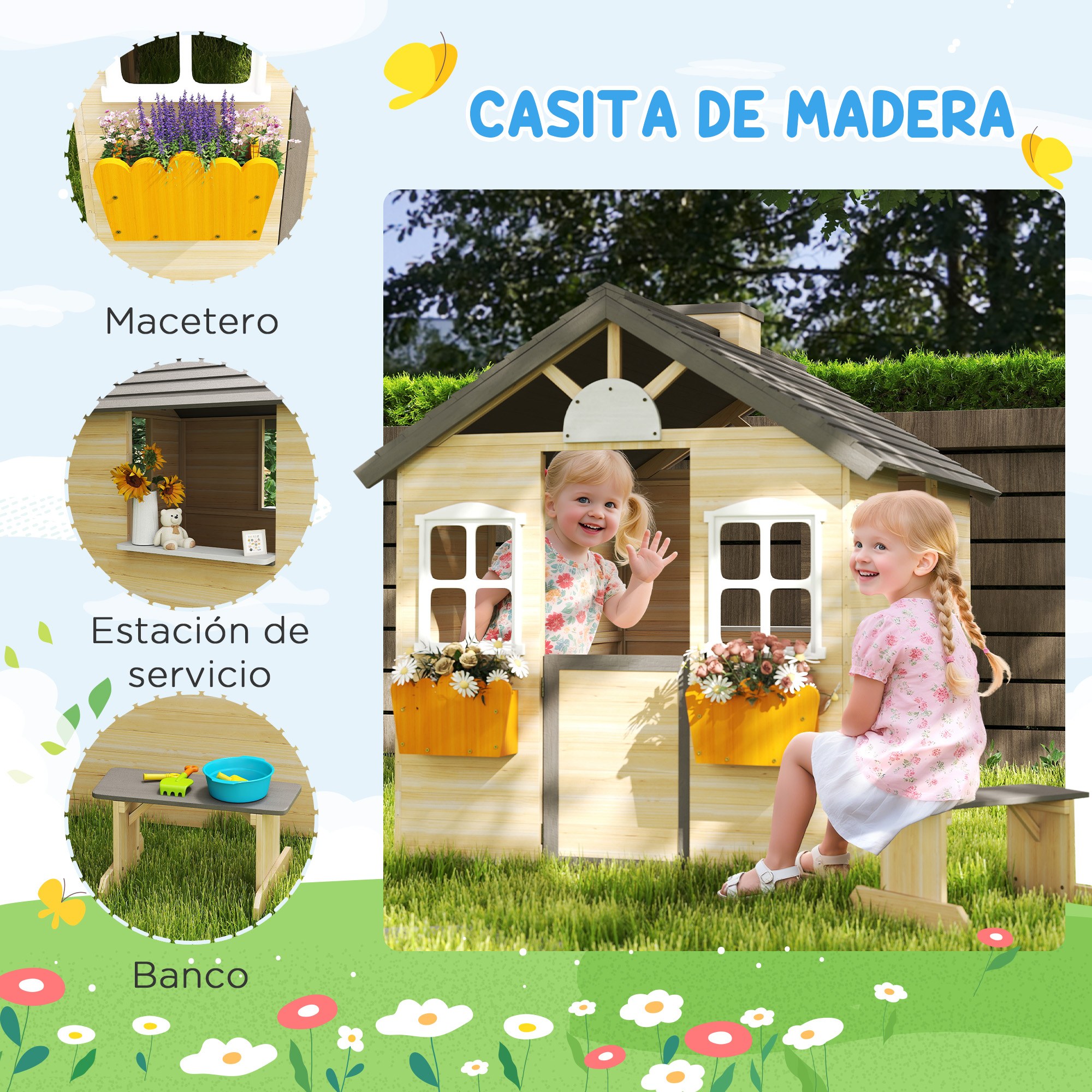 Dos niñas juegan en una casita de madera con macetas. Una saluda desde una ventana, la otra está sentada en un banco.