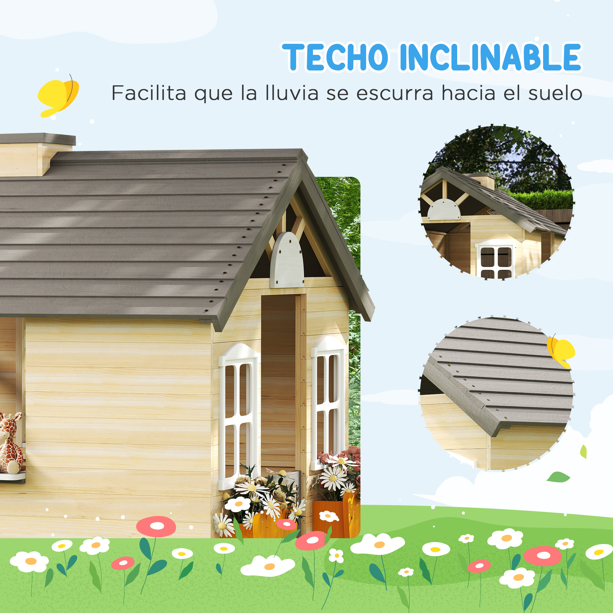 Casita de madera con techo gris, ventanas blancas y macetas. Se ven flores y un juguete de jirafa.
