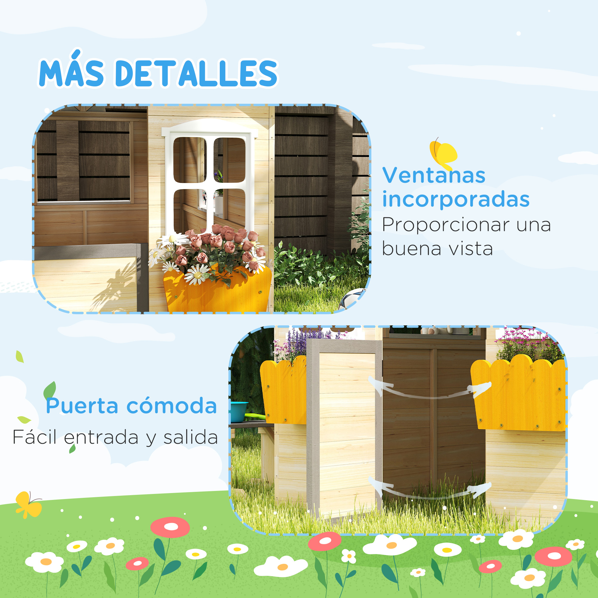 Casita de madera con ventana y jardinera. El texto en español resalta características como ventanas y puertas.
