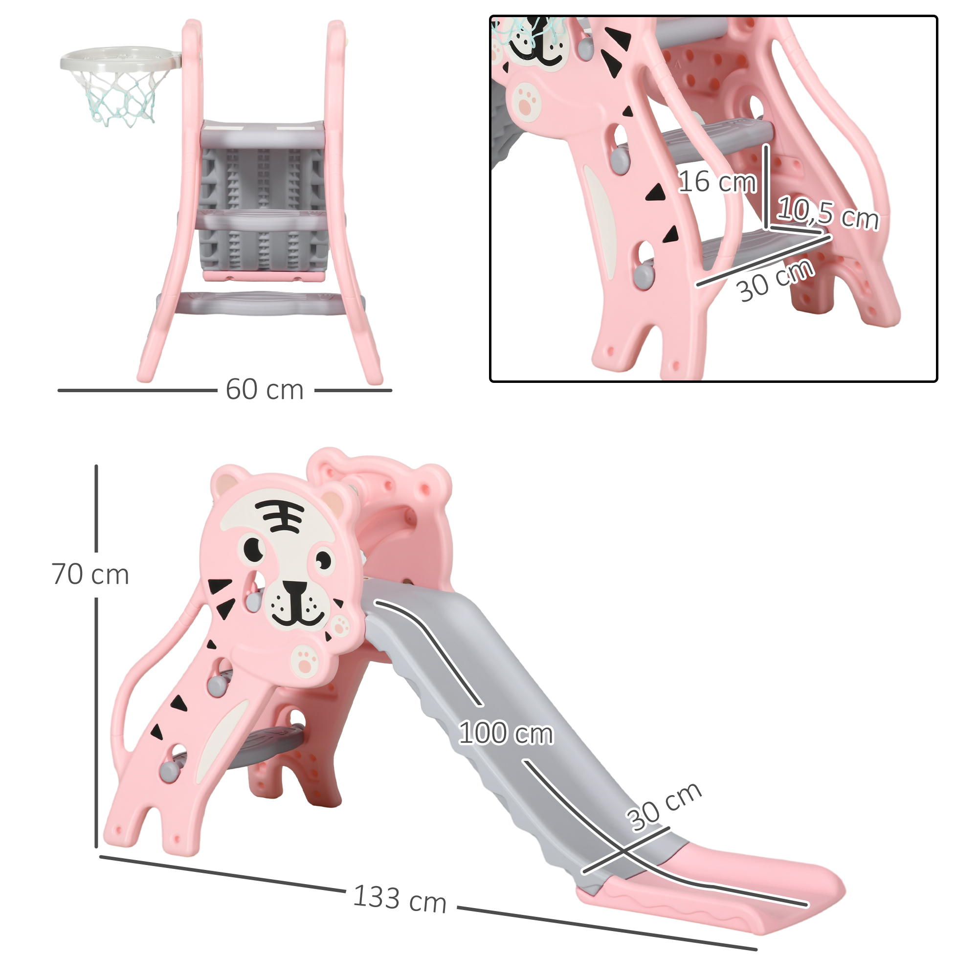 Tobogán rosa con tema de tigre y canasta de baloncesto. El tobogán tiene escalones y una rampa larga. Se muestran las dimensiones.