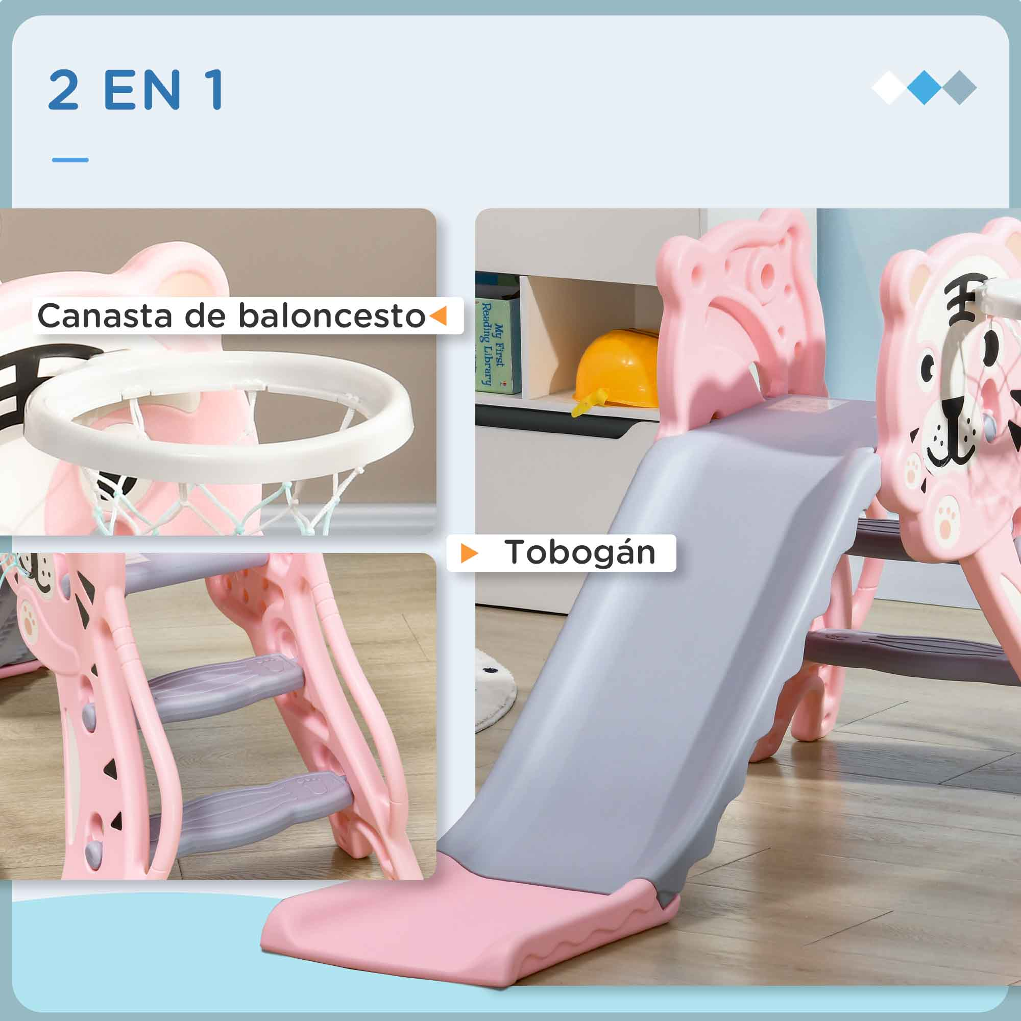 Un juego 2 en 1 rosa y gris. Cuenta con un aro de baloncesto, escaleras y un tobogán con cara de tigre.