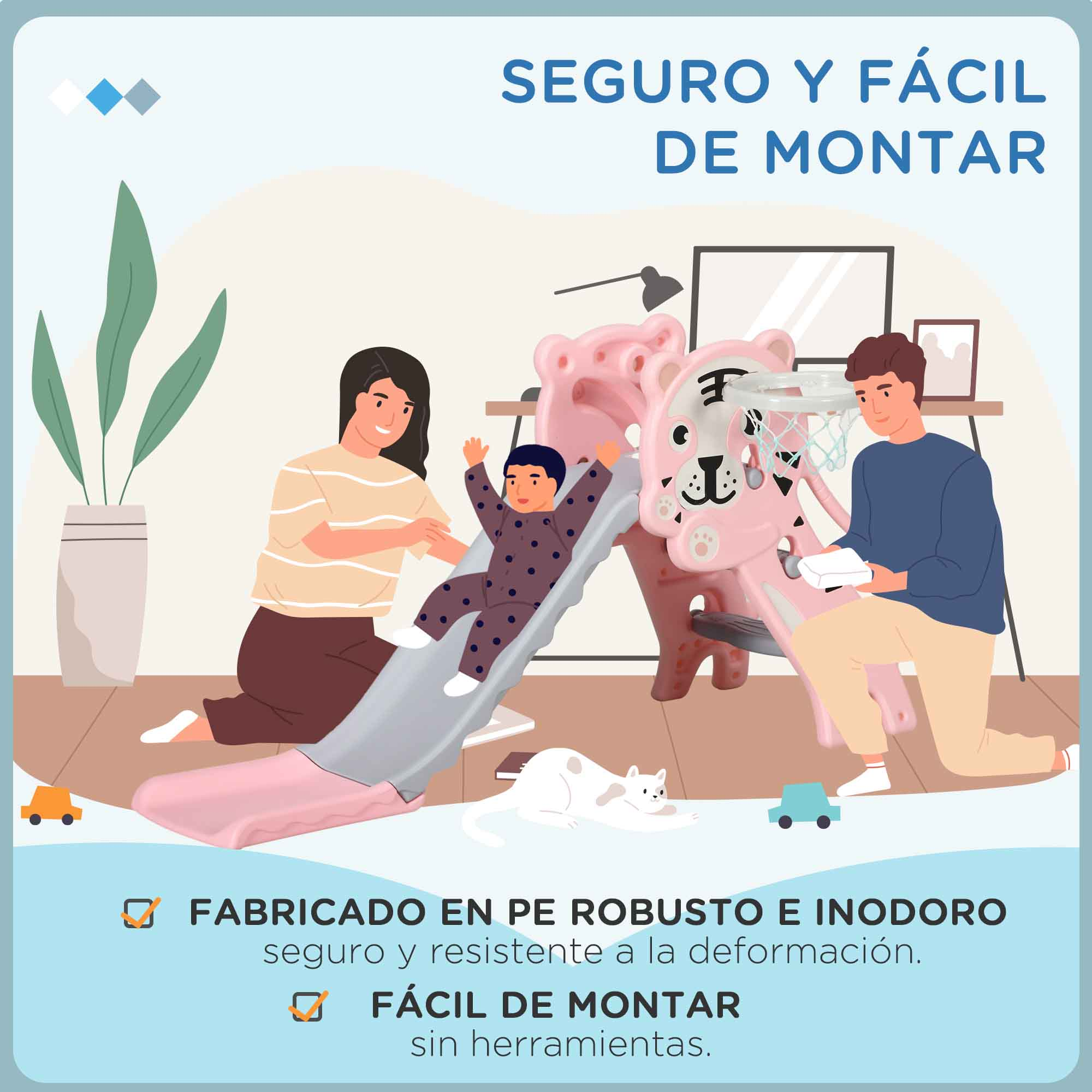 Una familia juega con un tobogán rosa y un aro de baloncesto. Un niño se desliza. Un gato y coches de juguete están en el suelo.
