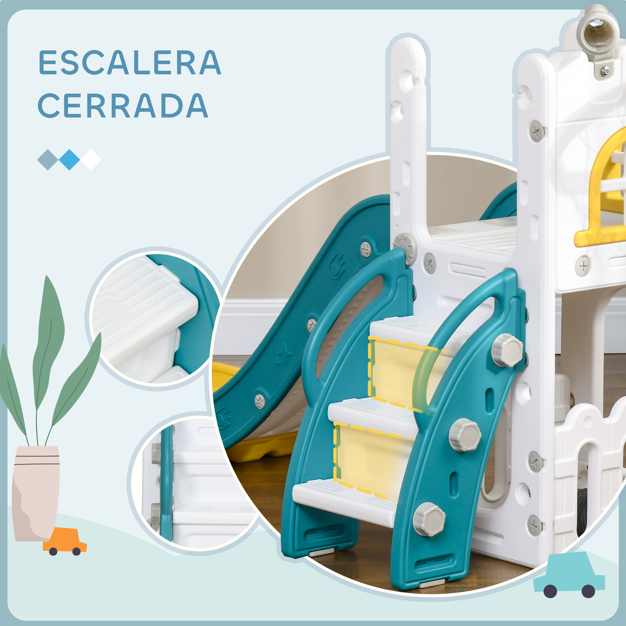 Un tobogán infantil con escaleras, en blanco, verde azulado y amarillo. Hay una planta y un coche de juguete.