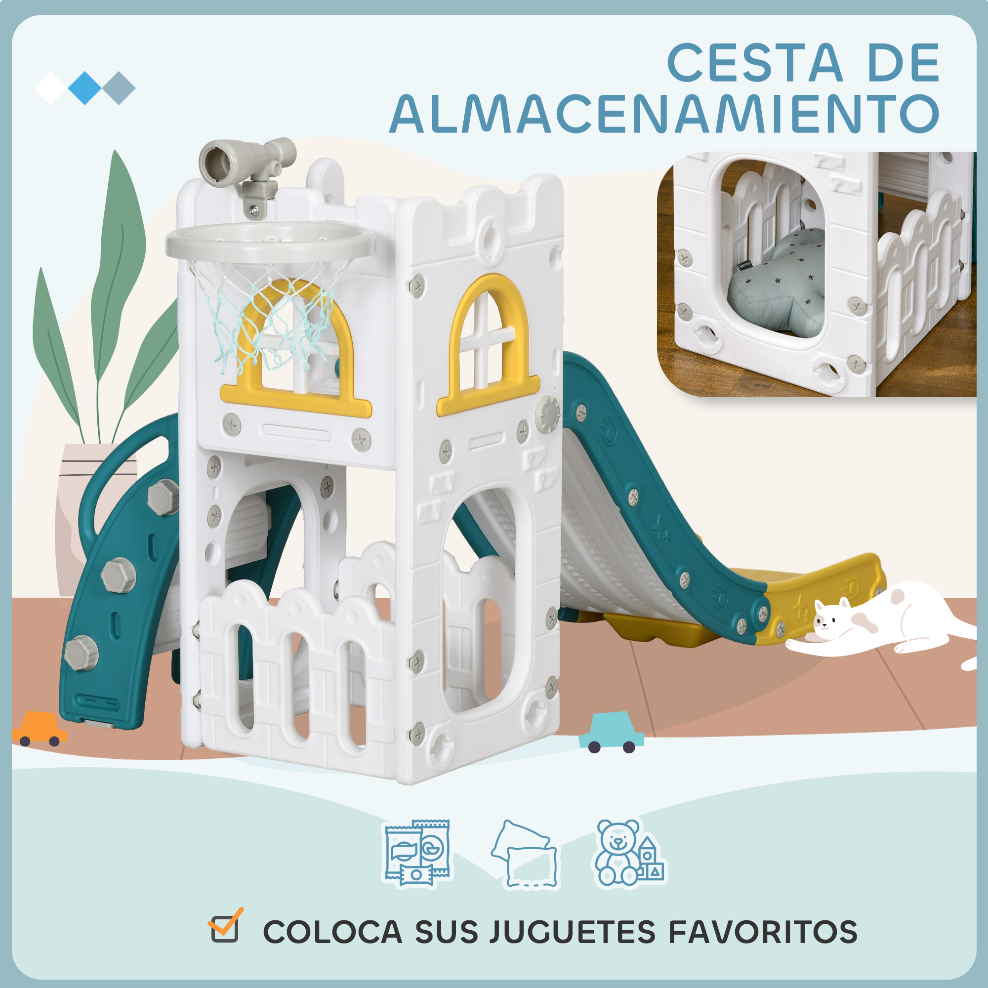 Una estructura de juego blanca y azul con tobogán, aro de baloncesto y pequeños coches de juguete. Un gato blanco en el suelo.