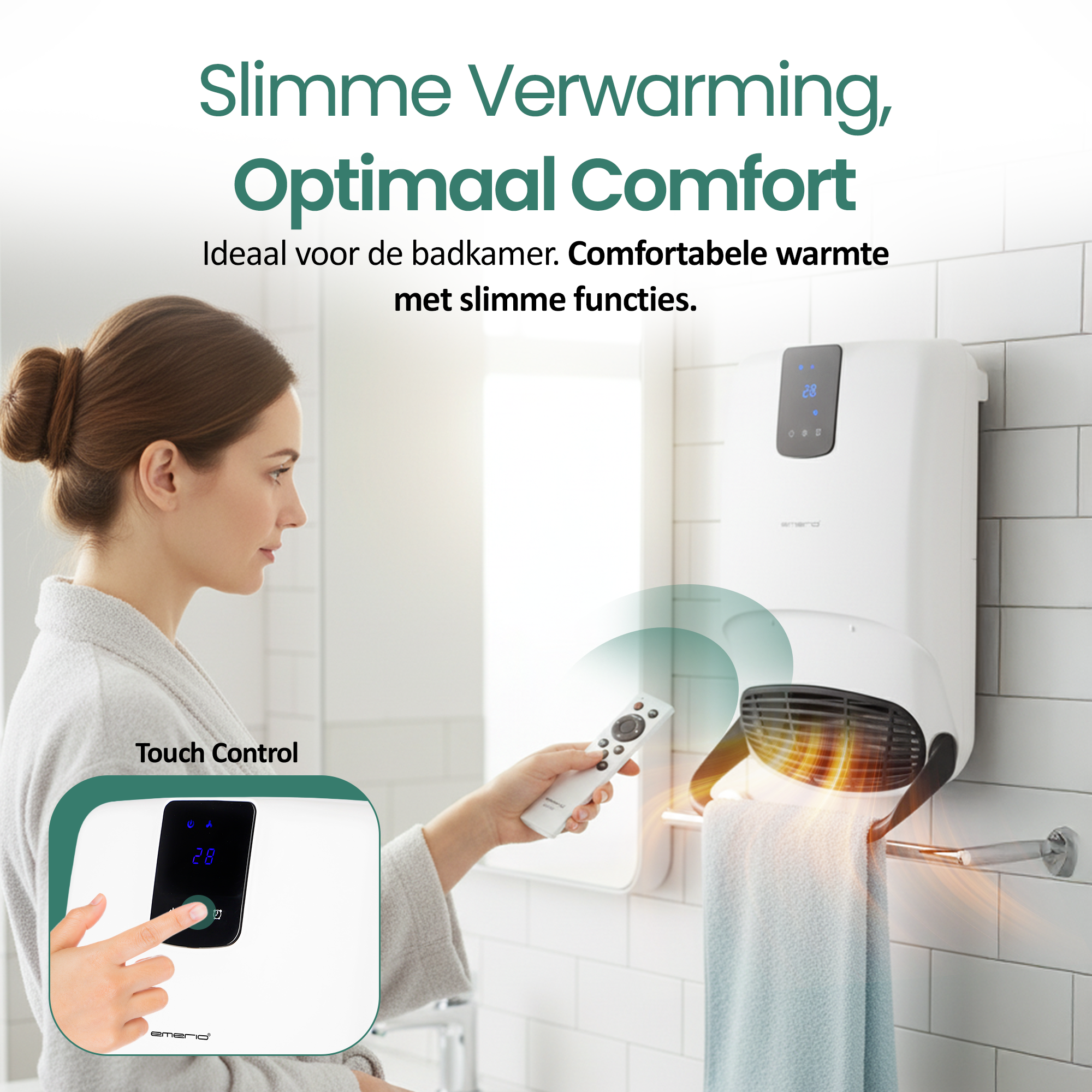 Een vrouw in badjas gebruikt een afstandsbediening voor een witte kachel. Tekst: Slimme Verwarming, Optimaal Comfort.