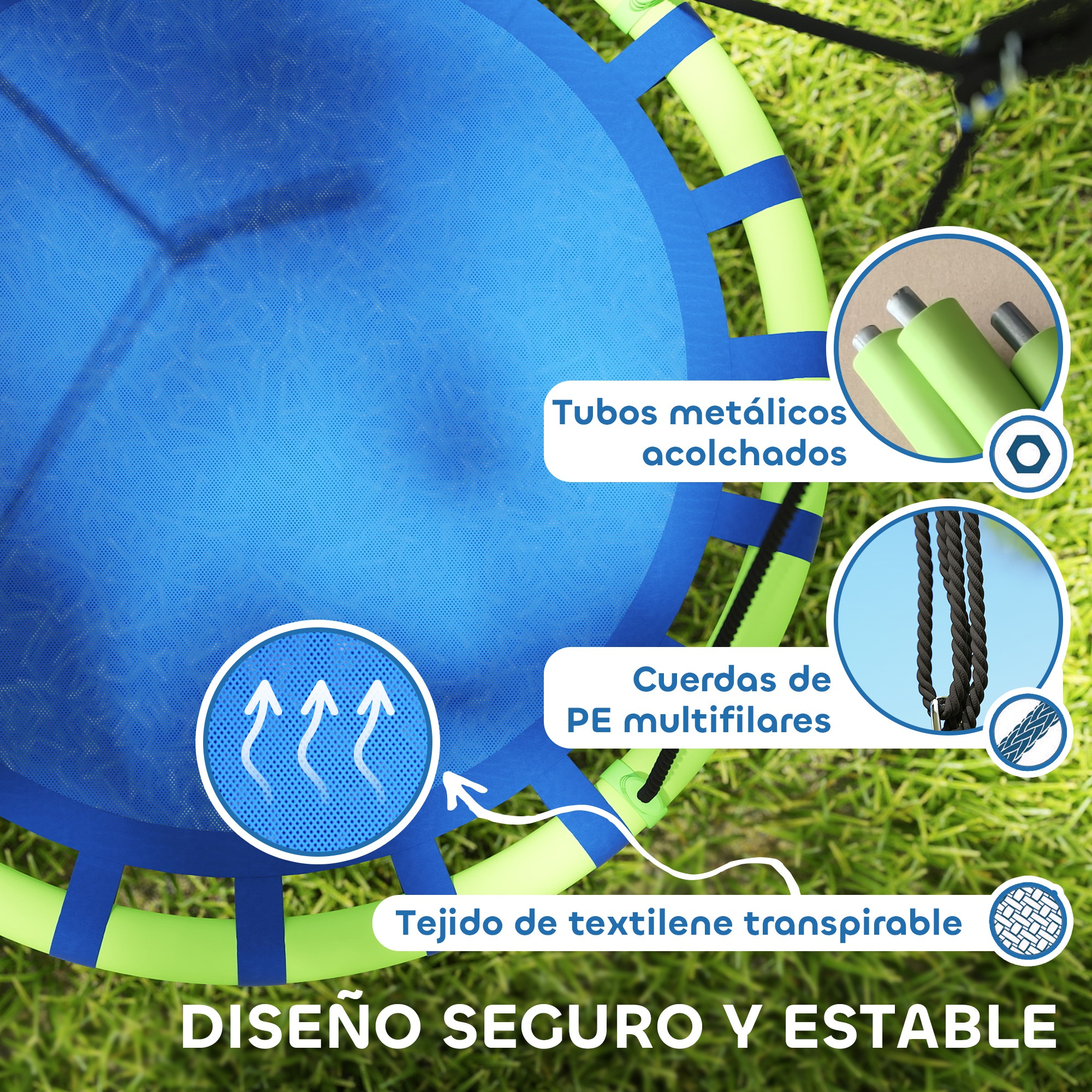 Un trampolín azul con detalles verdes y azules, sobre césped. Incluye tubos metálicos acolchados y textil transpirable.