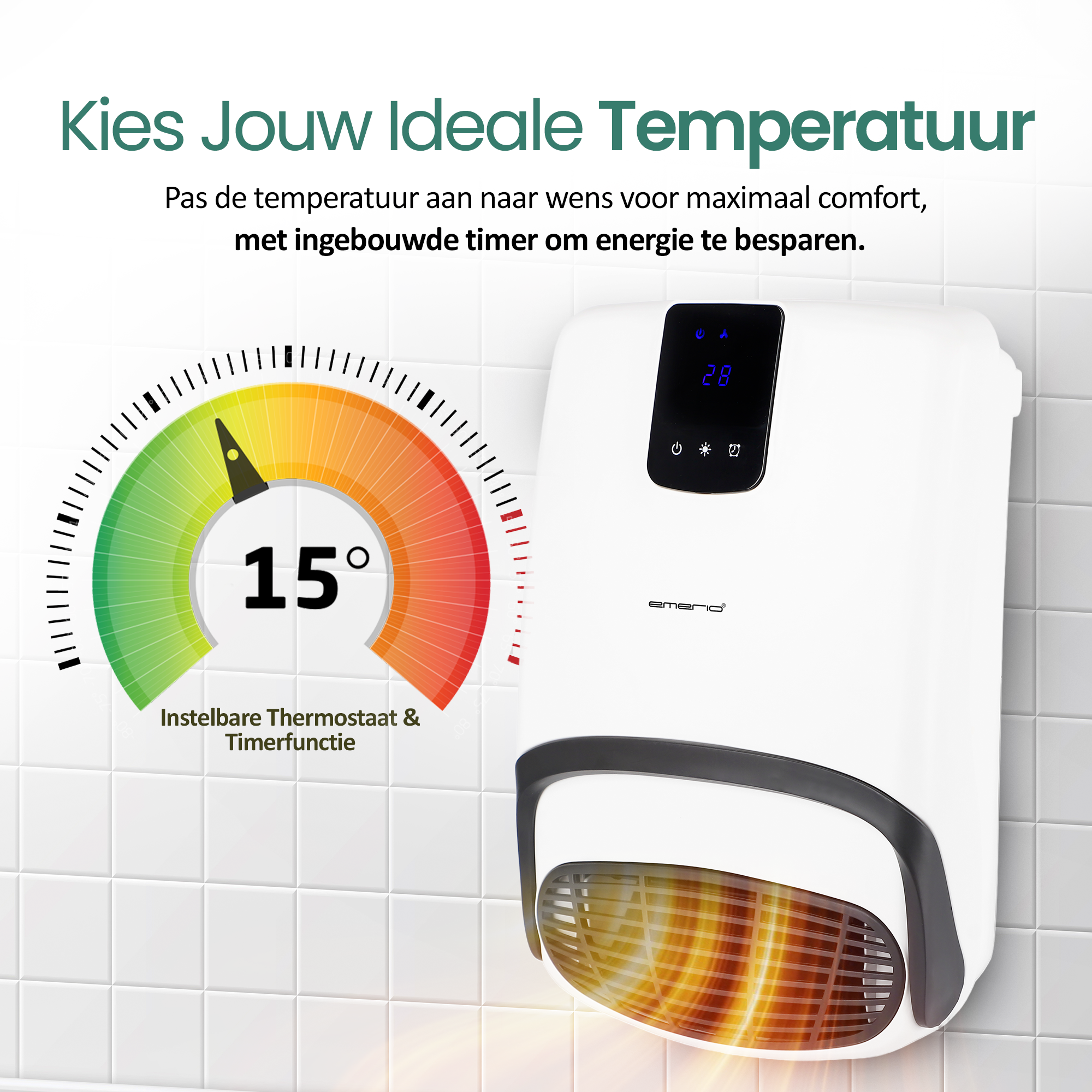 Witte kachel met display die 28 weergeeft. Een temperatuurmeter toont 15 graden. Tekst zegt instelbare thermostaat en timer.