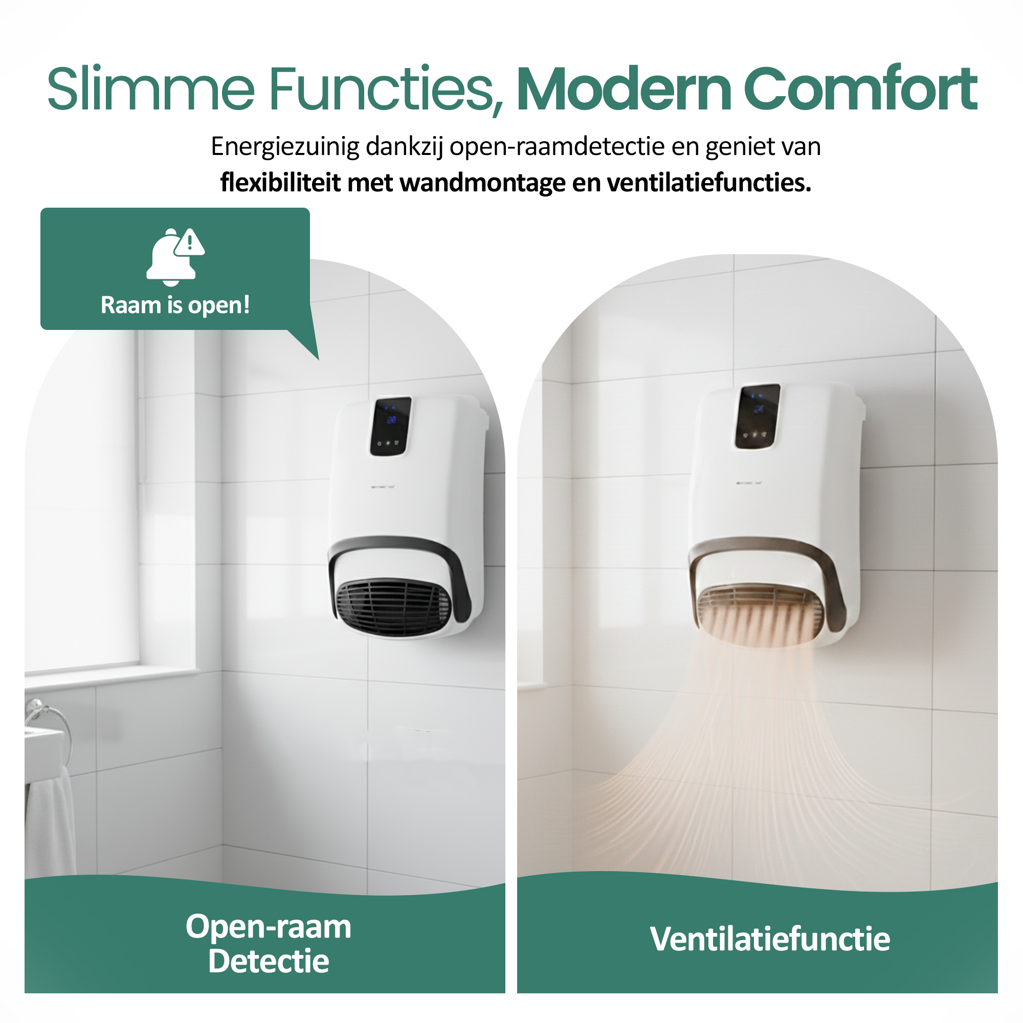 Afbeelding toont twee kachels met verschillende functies. Eén met open raamdetectie, de andere met ventilatie.