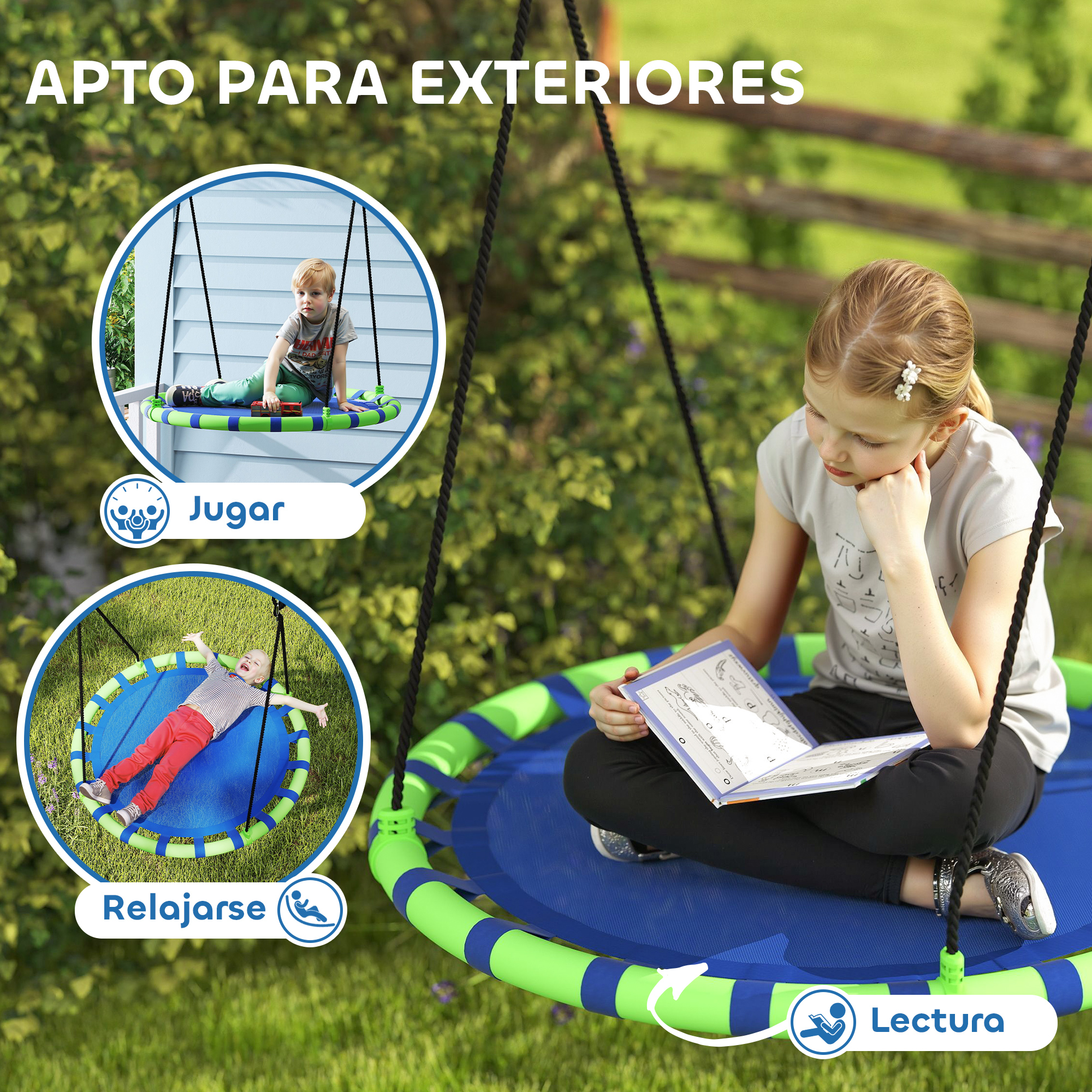 Una niña lee en un columpio azul. Otros dos niños están en columpios. El texto dice: 'Adecuado para exteriores'.