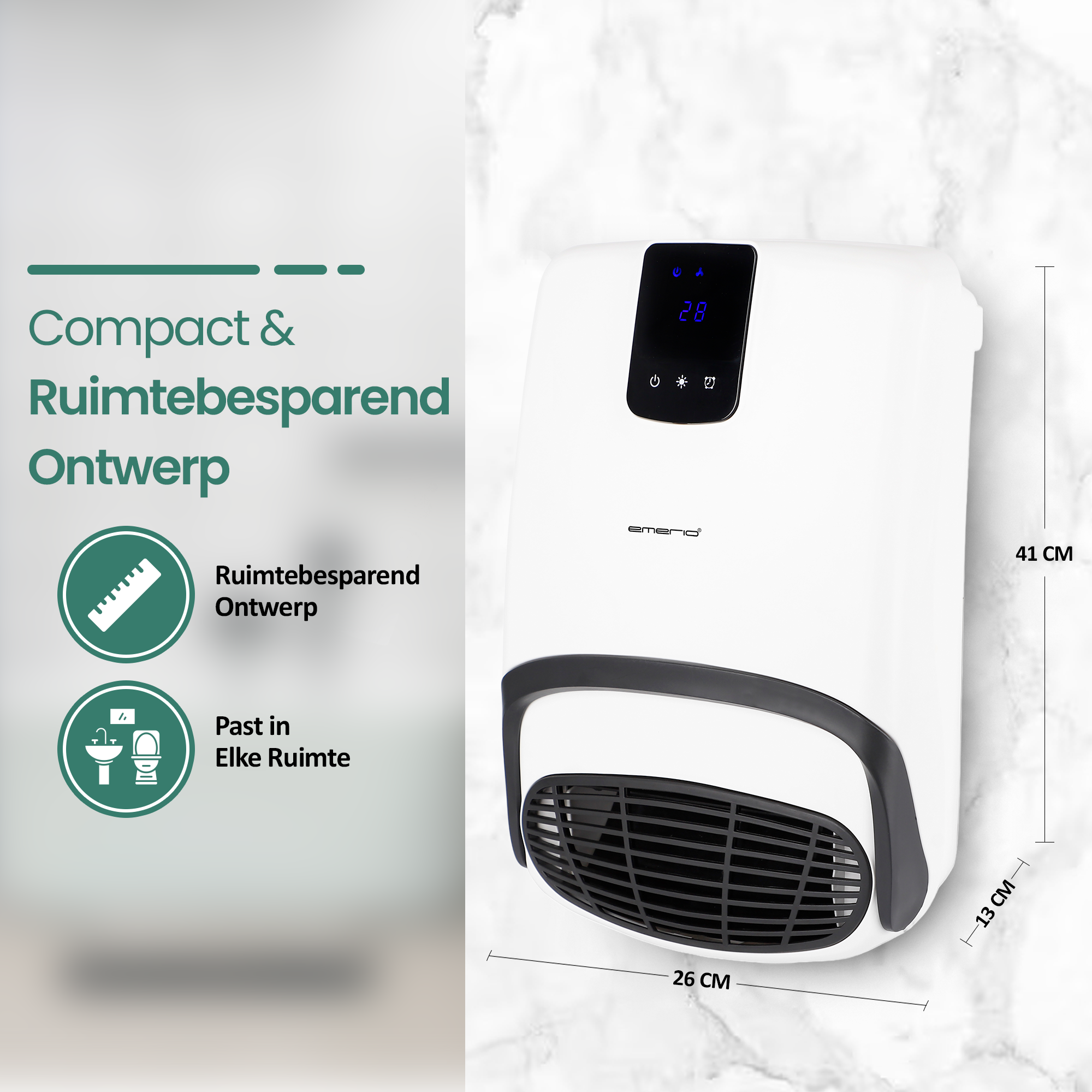 Een witte wandkachel met een zwart rooster, digitaal display met 28 en afmetingen. Tekst zegt compact en ruimtebesparend ontwerp.