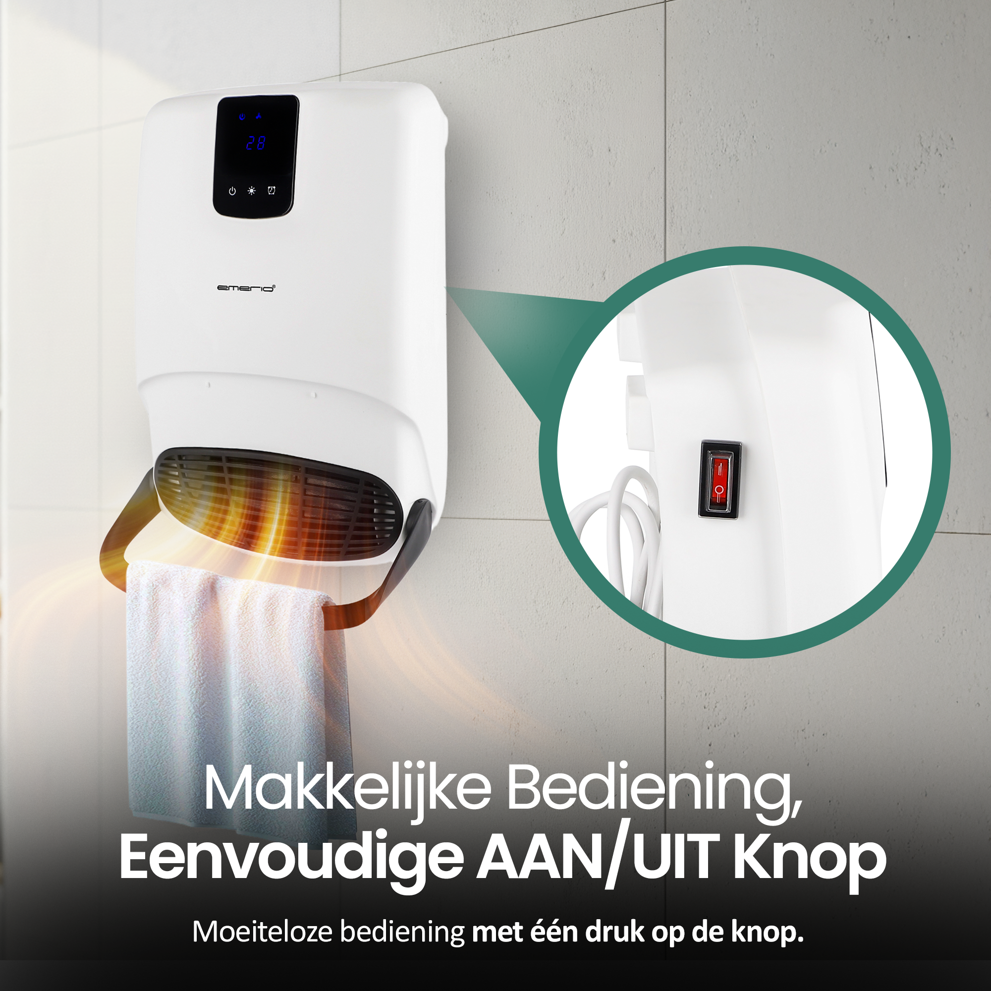 Witte elektrische handdoekwarmer aan een betegelde muur. Heeft een digitaal display met '28'. Een handdoek hangt eronder.