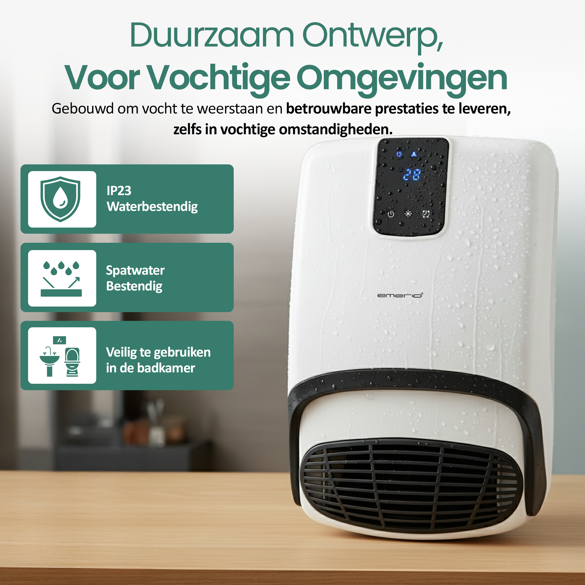 Een wit-zwarte waterdichte kachel met digitaal display, op een houten oppervlak. Tekst geeft de veiligheid aan.
