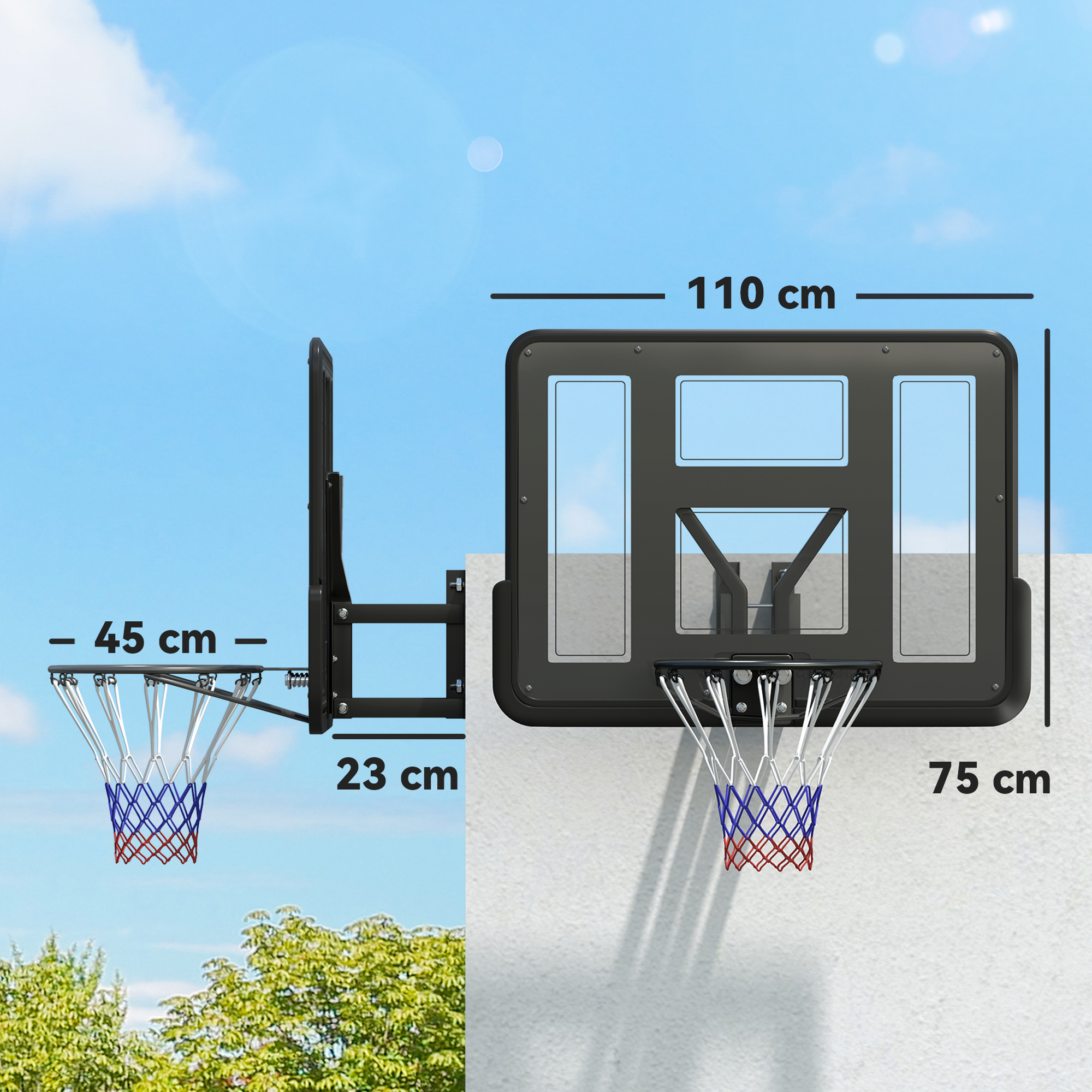 Canasta de baloncesto en una pared con dimensiones etiquetadas. Red con rayas azules, blancas y rojas. Cielo azul y árboles verdes.