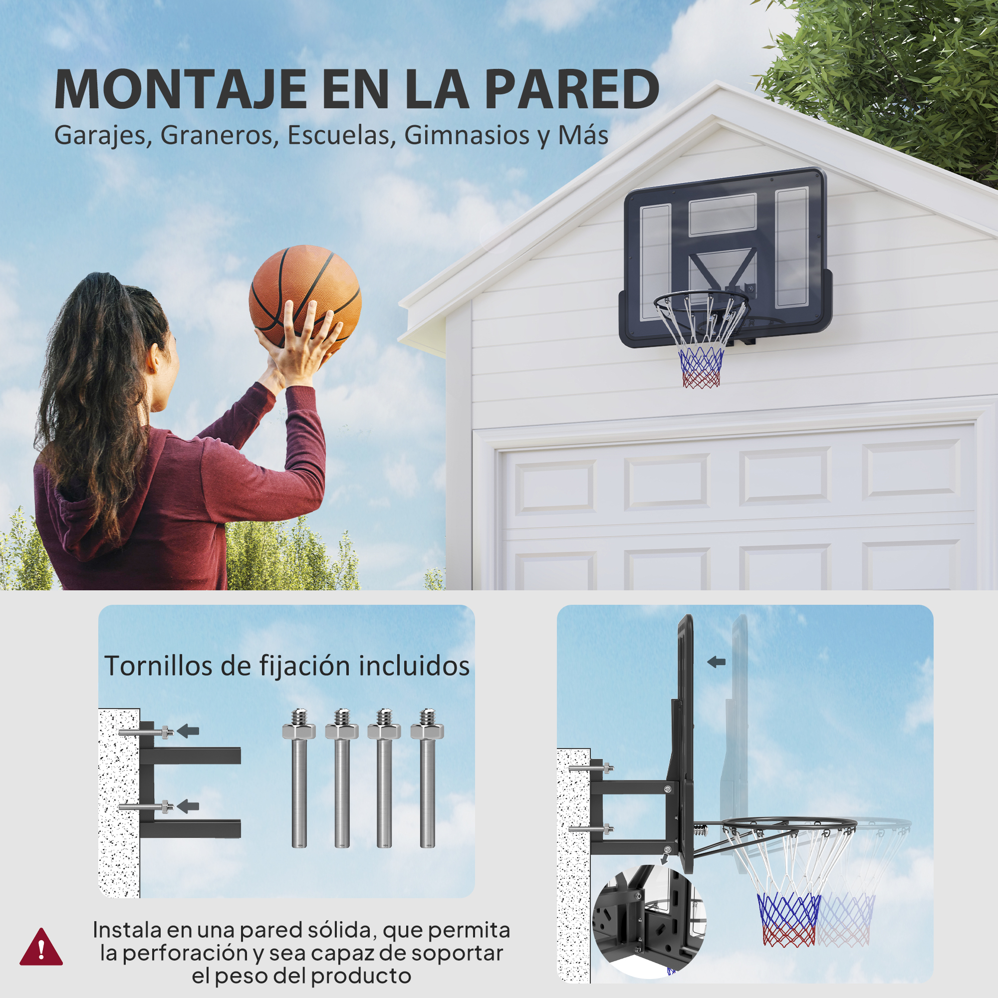 Una mujer lanza un balón de baloncesto hacia un aro fijado a un garaje blanco. La imagen incluye instrucciones y hardware.