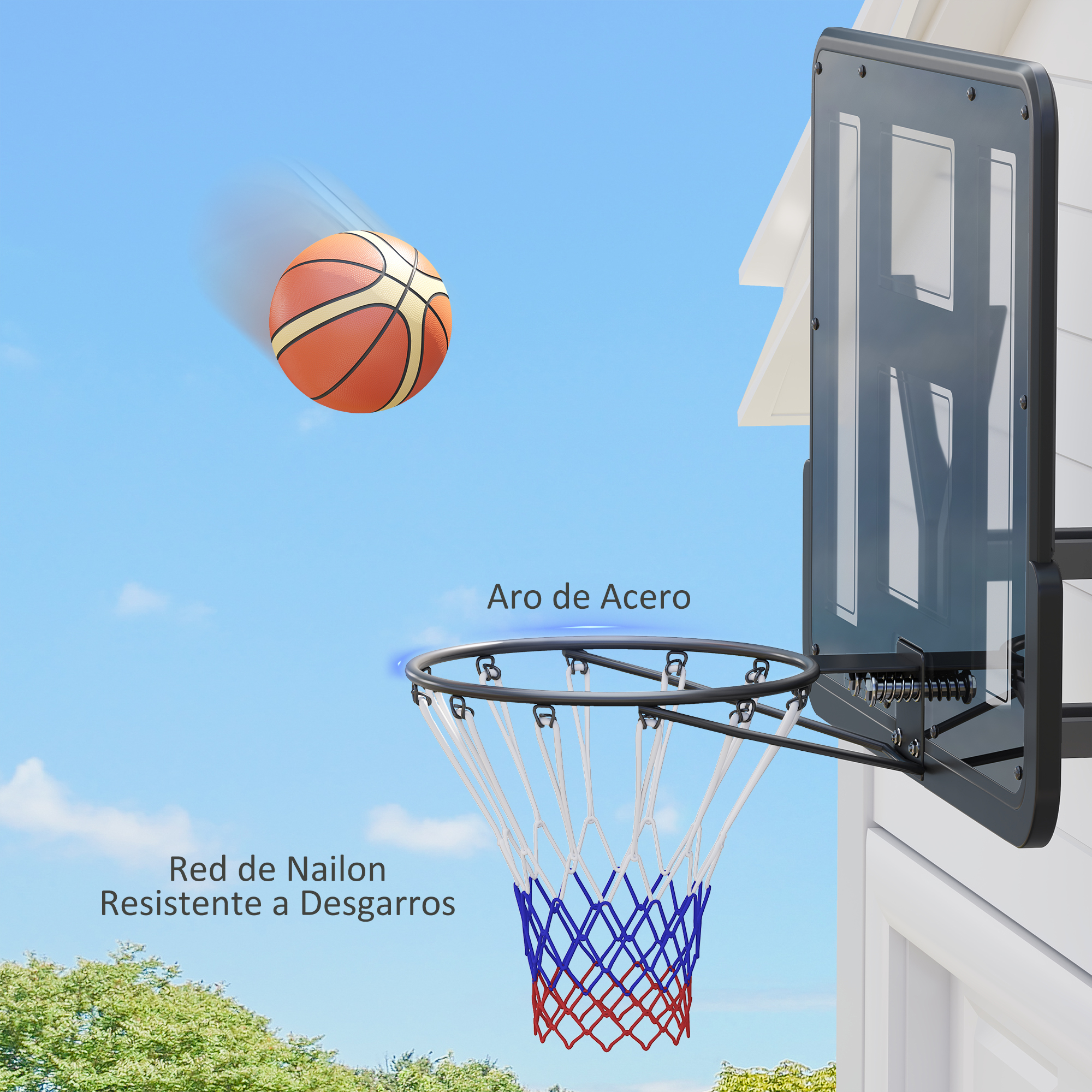 Un aro de baloncesto con un balón en movimiento contra un cielo azul. El aro está montado en una pared blanca, hay una red.