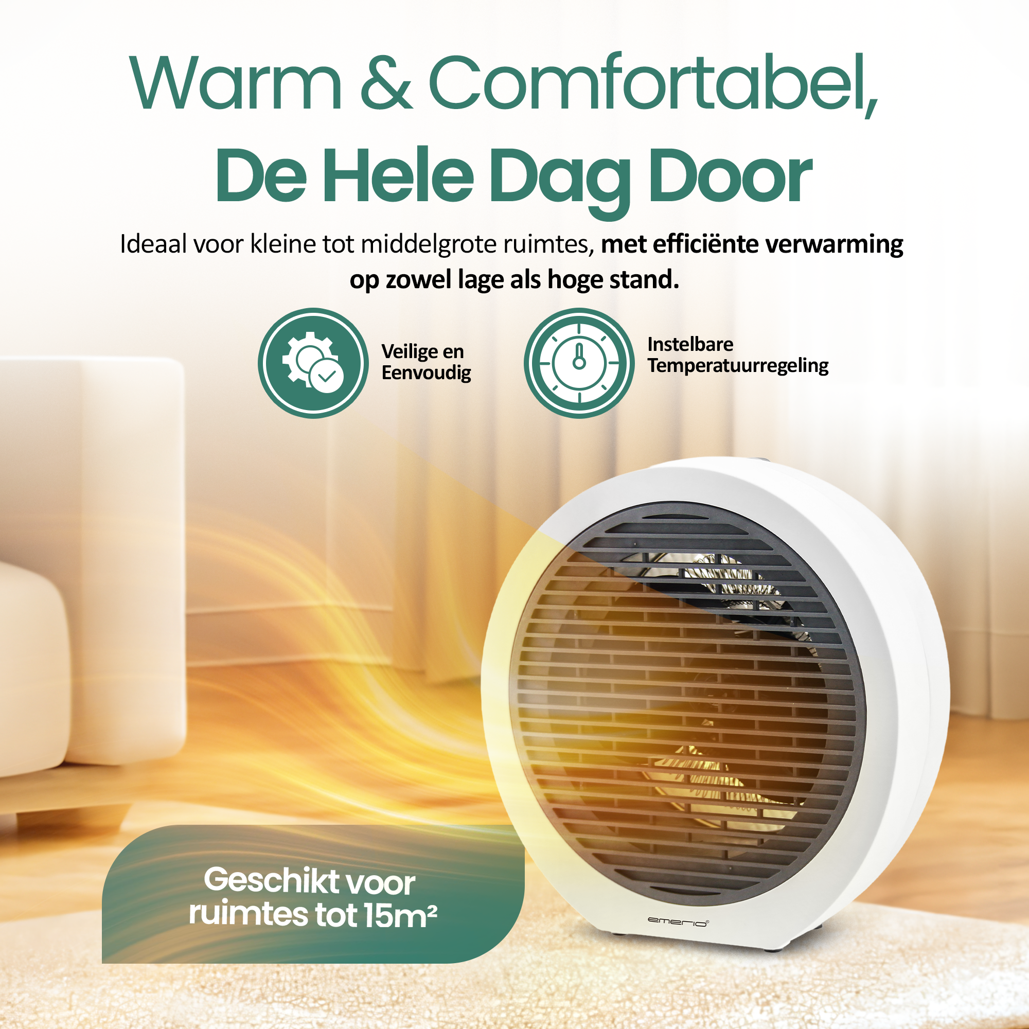 Een witte elektrische kachel op een houten vloer. Tekst zegt 'Warm & Comfortabel'. Geschikt voor ruimtes tot 15m².
