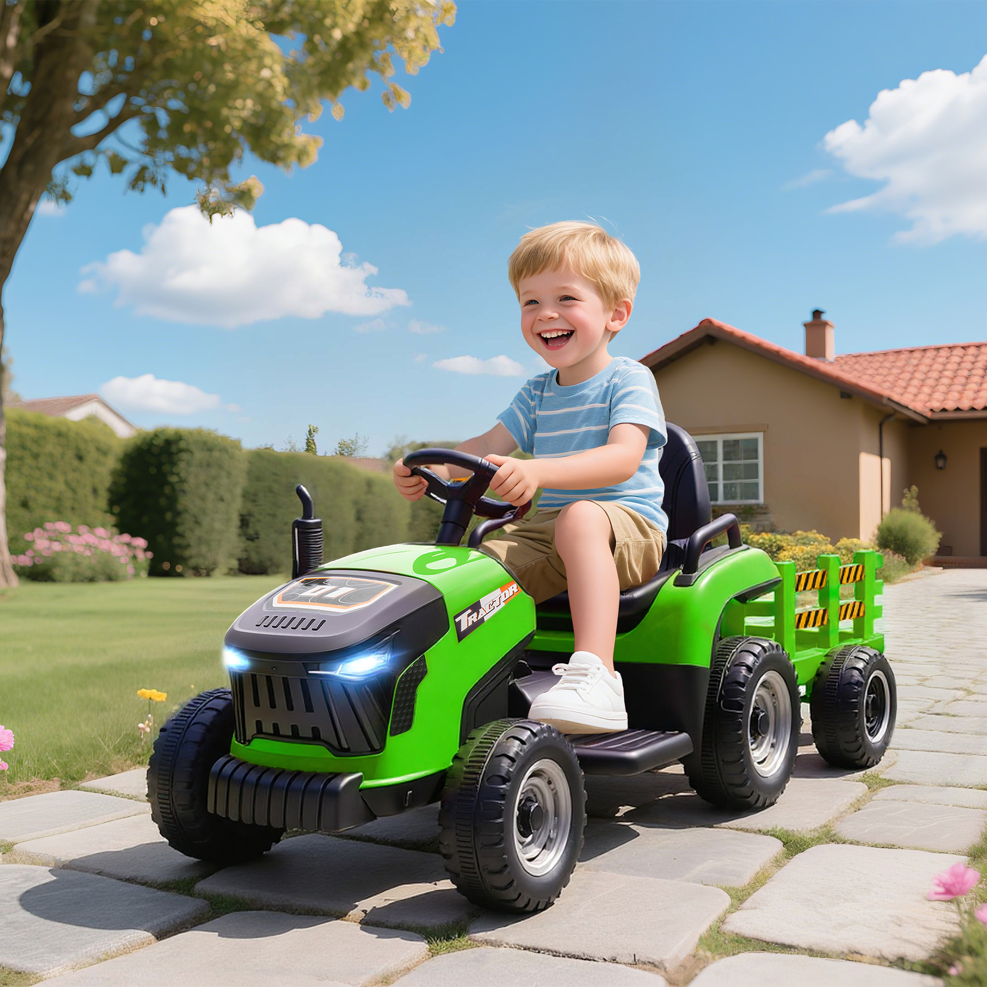 Un niño sonriente conduce un tractor de juguete verde sobre un camino de piedra. Una casa y árboles al fondo.
