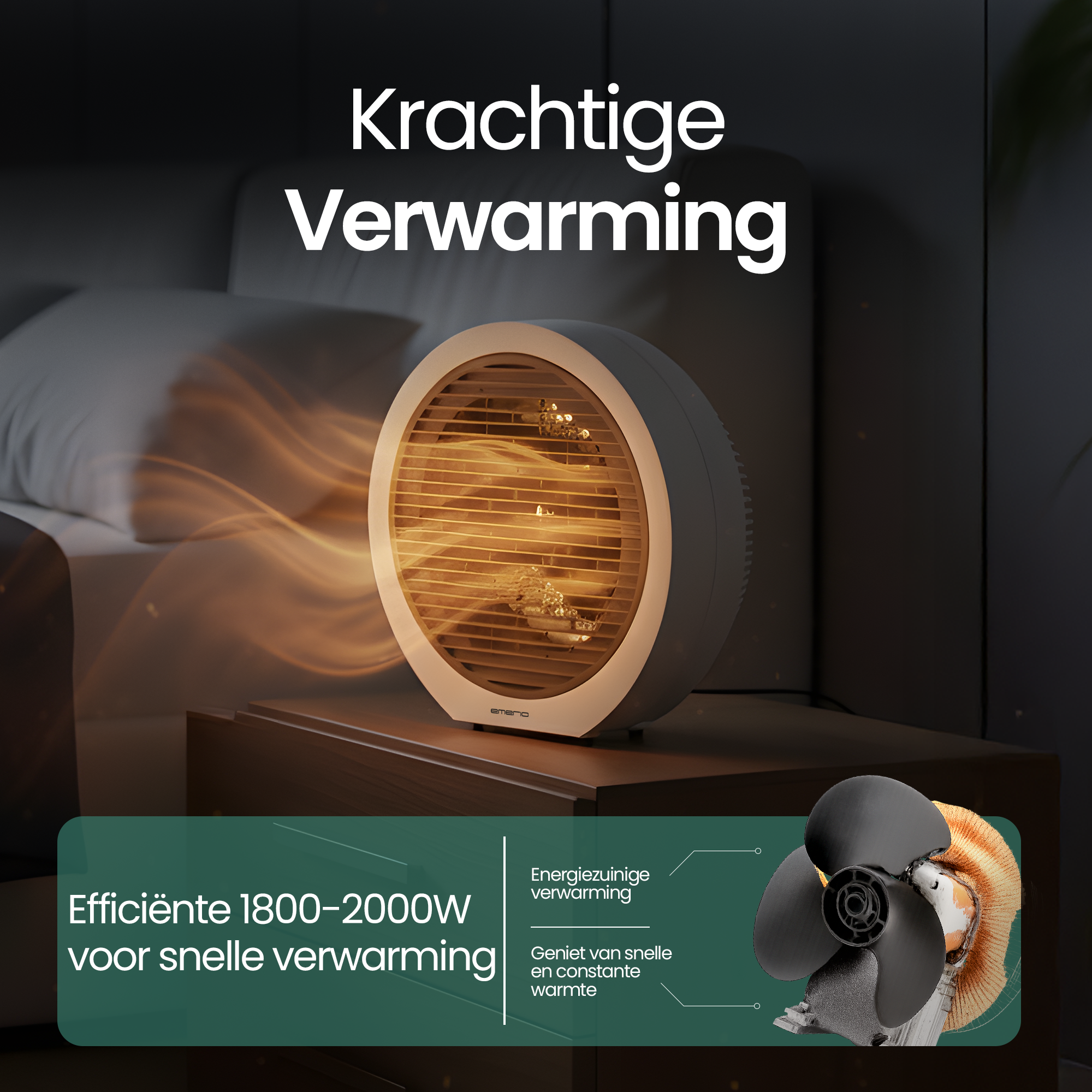 Een witte en beige kachel staat op een tafel voor een bed. De tekst luidt 'Krachtige Verwarming'.