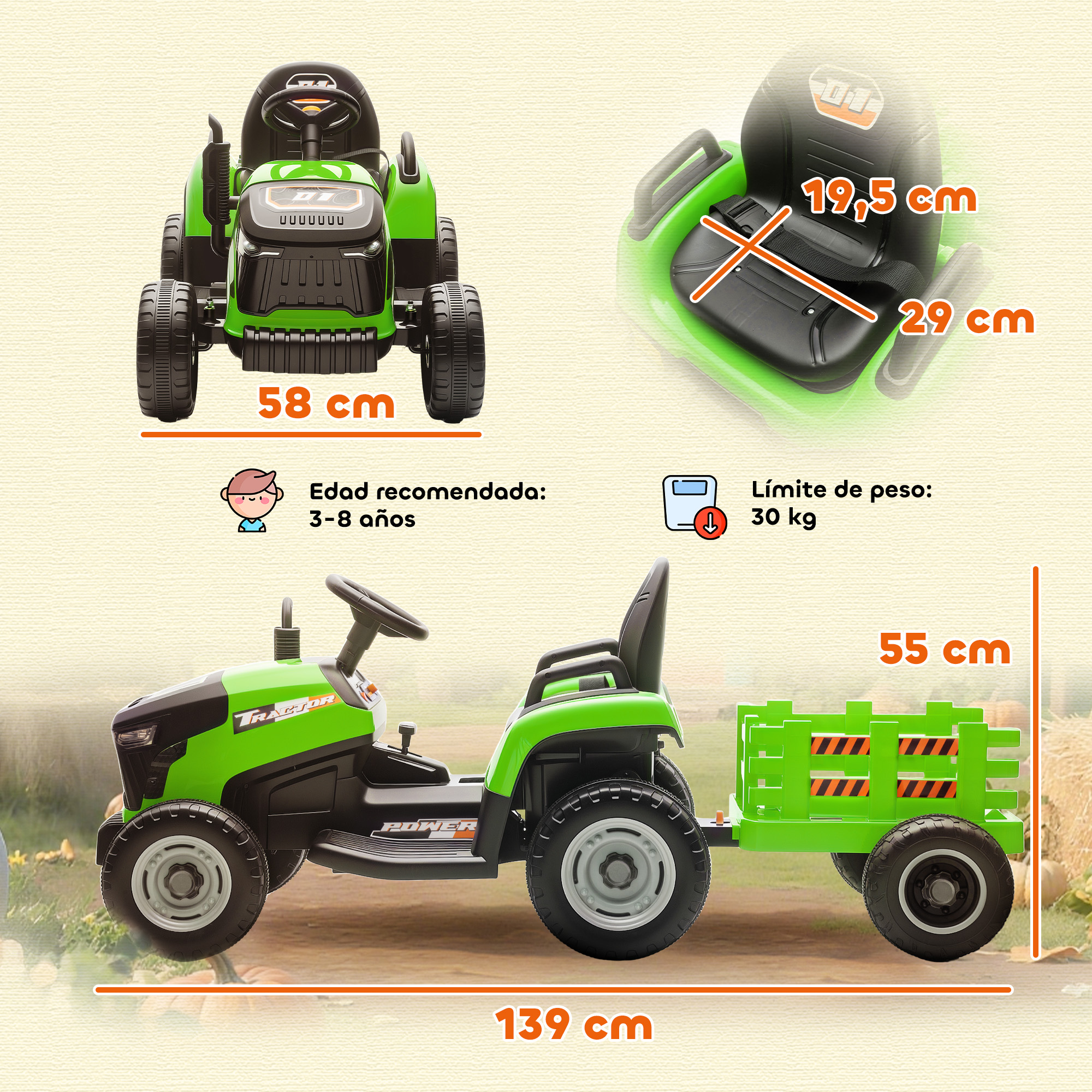 Tractor de juguete verde con asiento negro y remolque. Las dimensiones están etiquetadas en la imagen. Para niños de 3 a 8 años.
