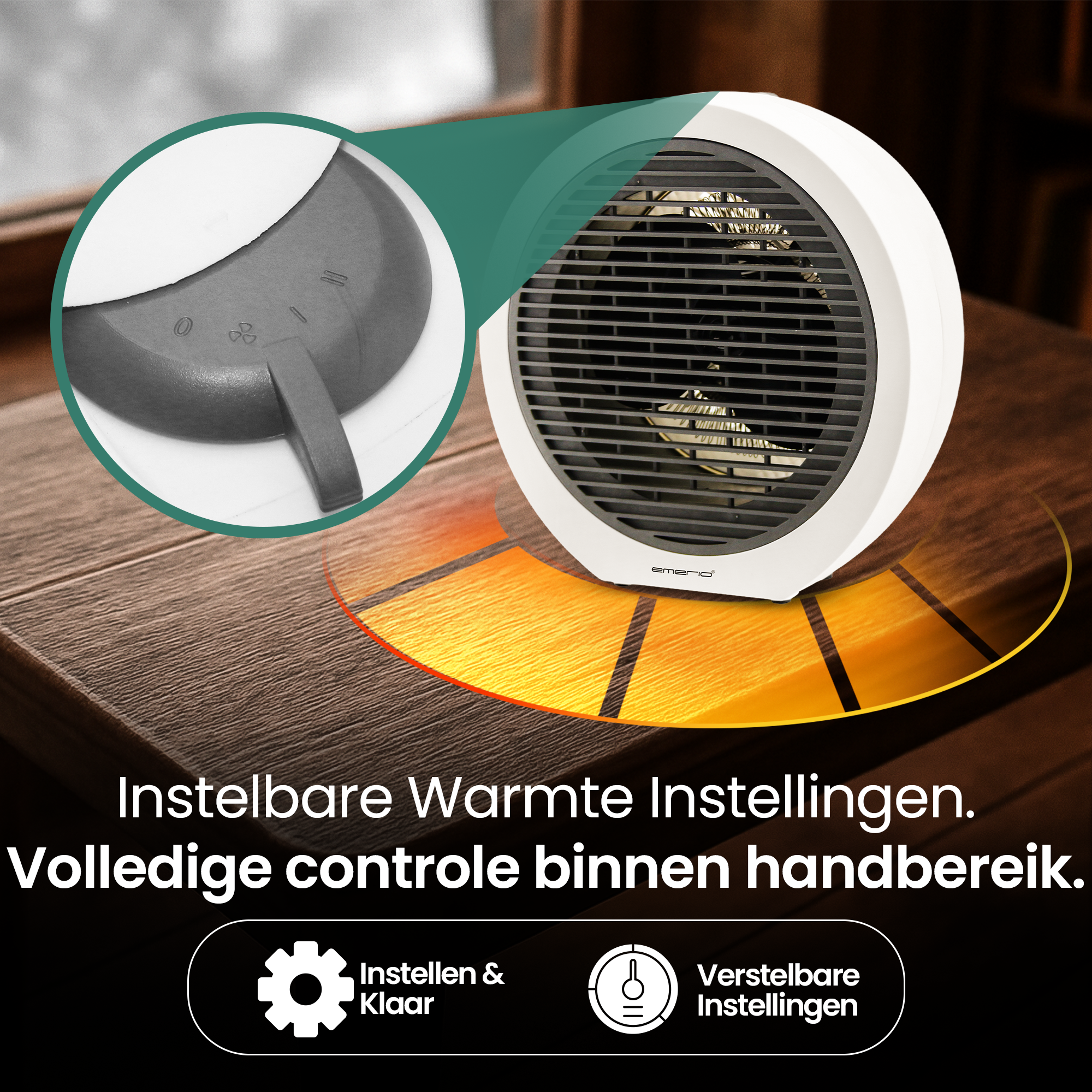 Wit en grijze kachel op hout. Details van het bedieningspaneel. Nederlandse tekst.