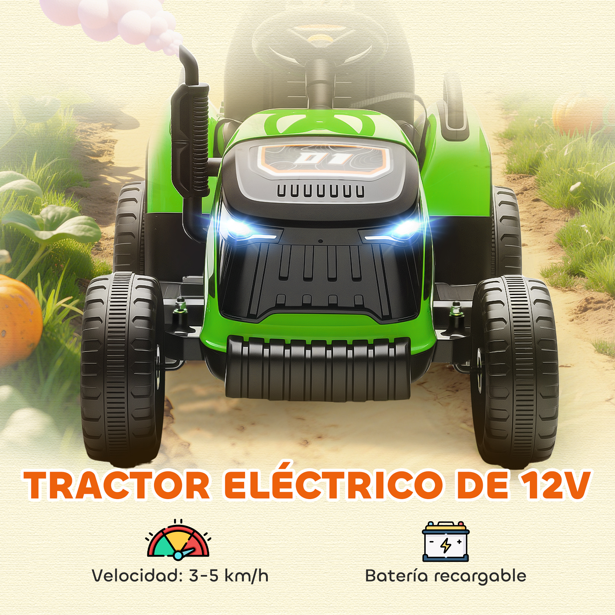 Un juguete de tractor eléctrico verde de 12V con neumáticos negros, luces encendidas y el texto 'TRACTOR ELÉCTRICO DE 12V'.