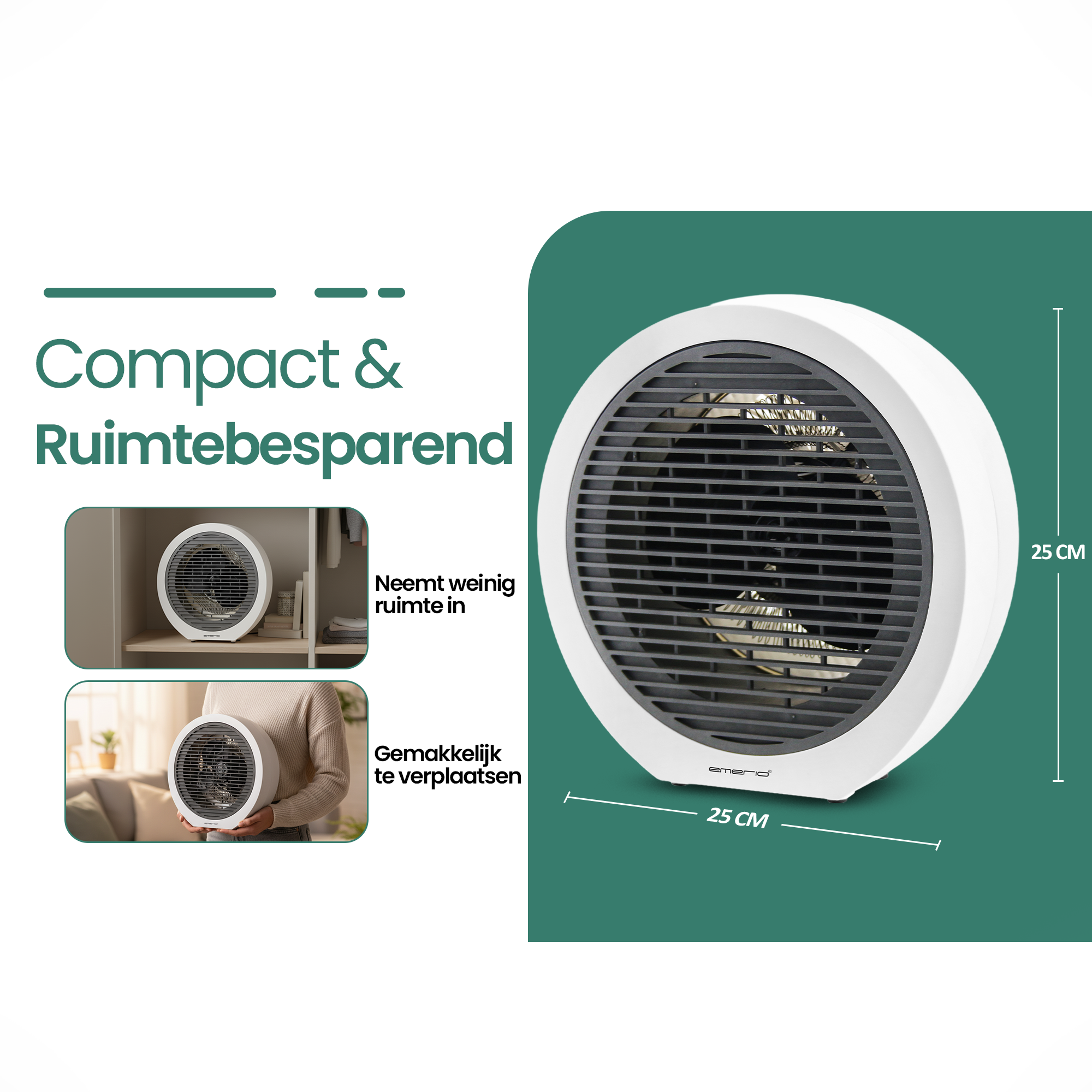Een wit-zwarte ventilator met een rond ontwerp. Tekst zegt 'Compact & Ruimtebesparend'. Een persoon houdt de ventilator vast.