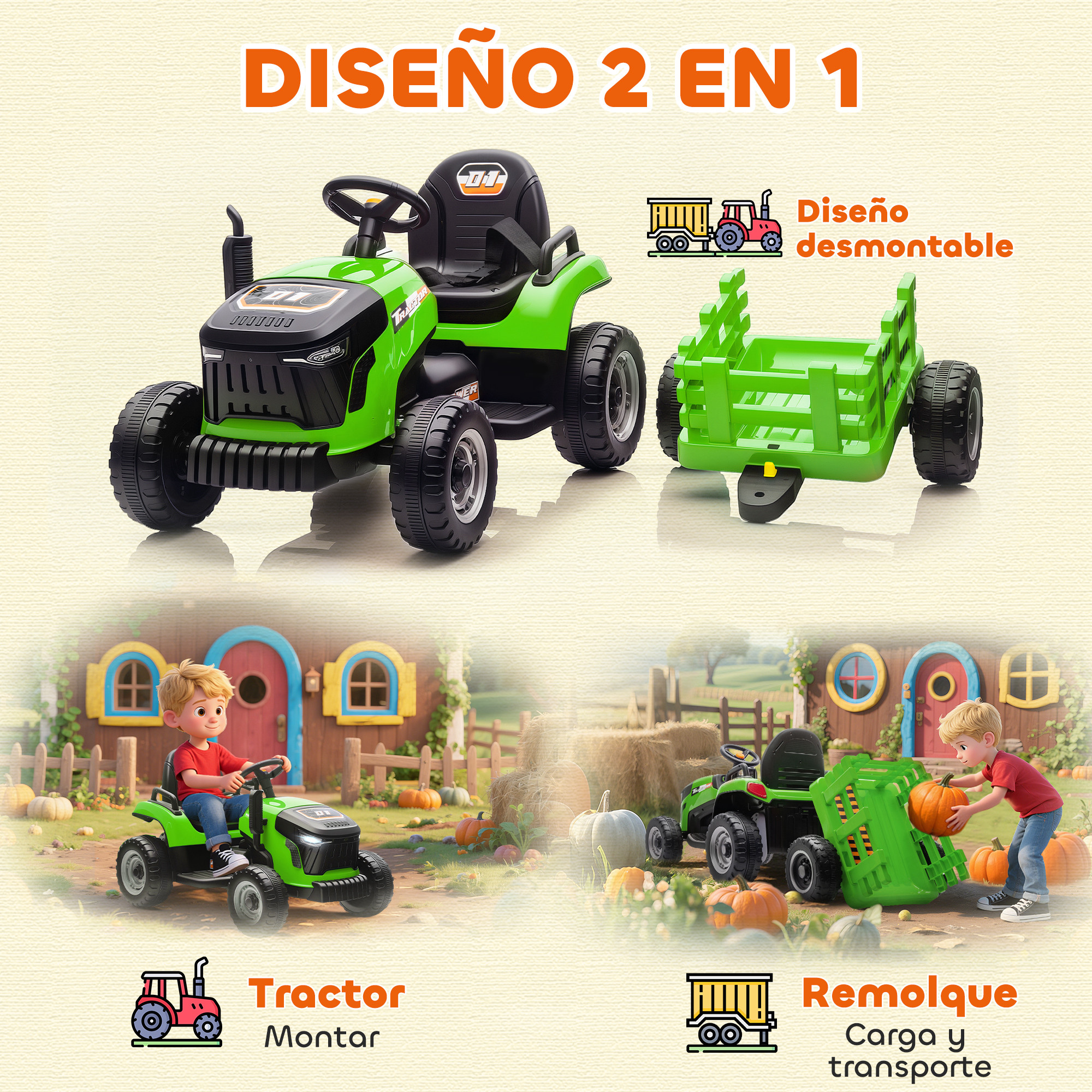 Un tractor de juguete verde con un remolque desmontable. Se muestra a dos niños jugando con él en diferentes escenarios.