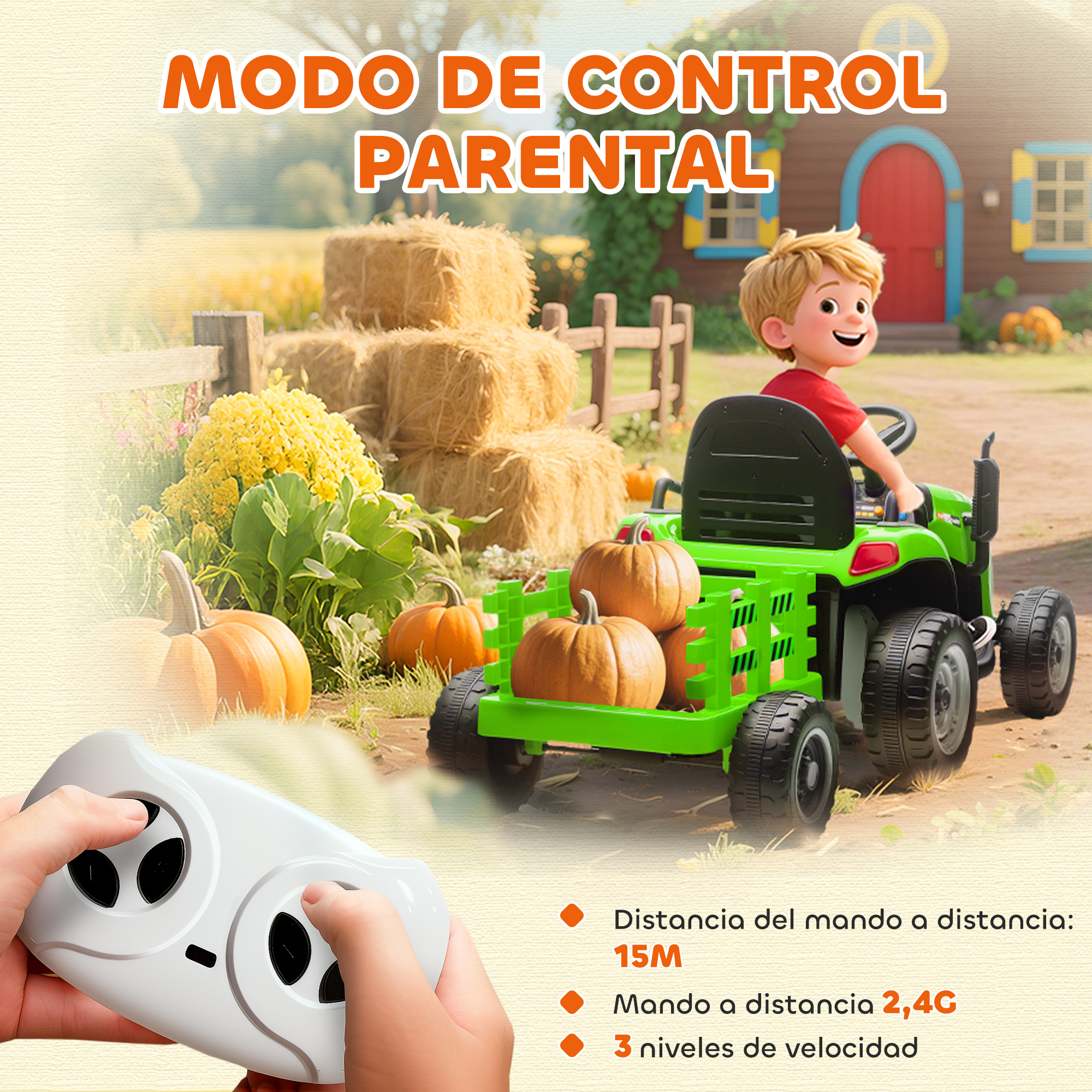 Un niño en un tractor verde con calabazas. Un mando a distancia está en primer plano. El fondo muestra una casa y pacas de heno.