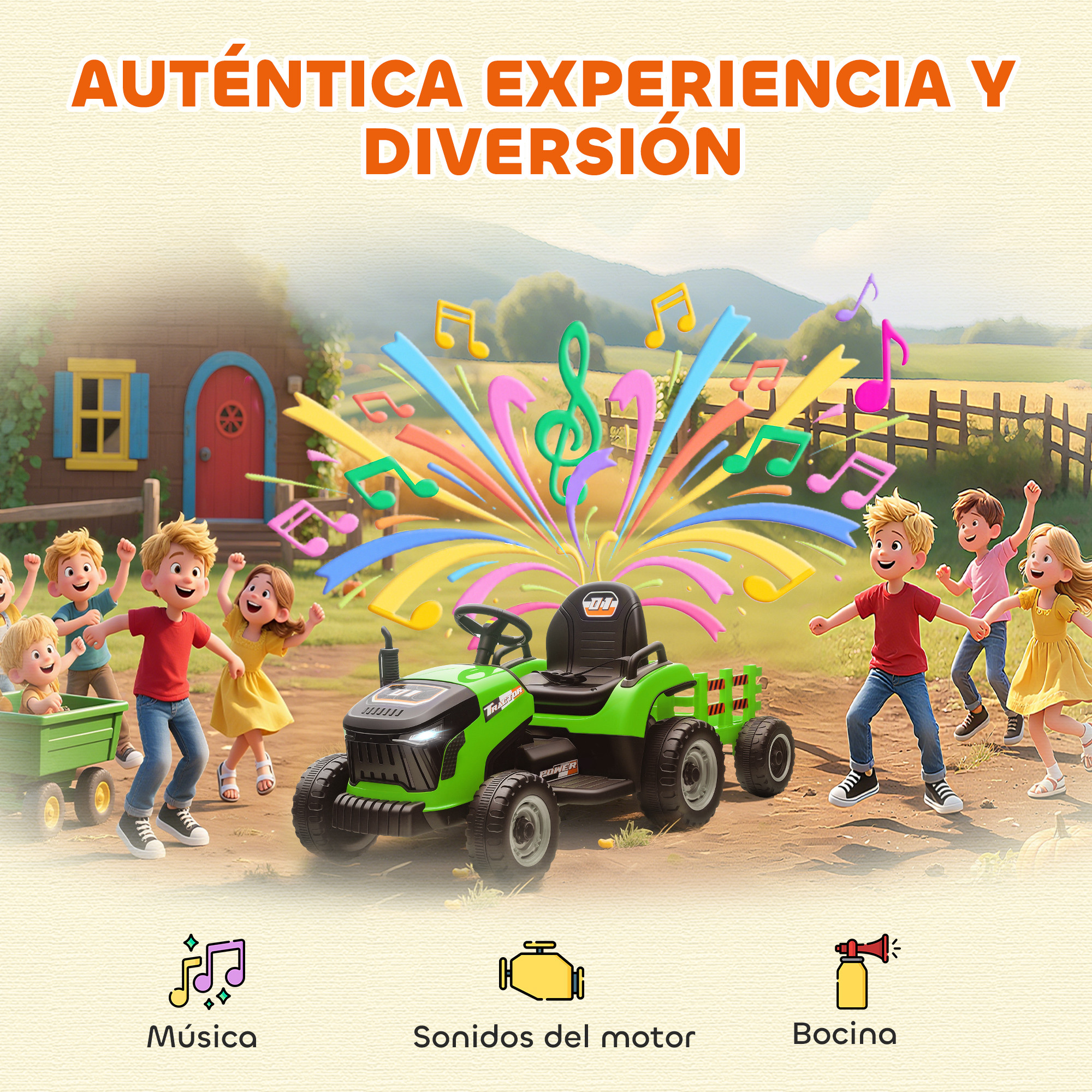Niños jugando cerca de un tractor verde con notas musicales. Una casa y campos en el fondo.