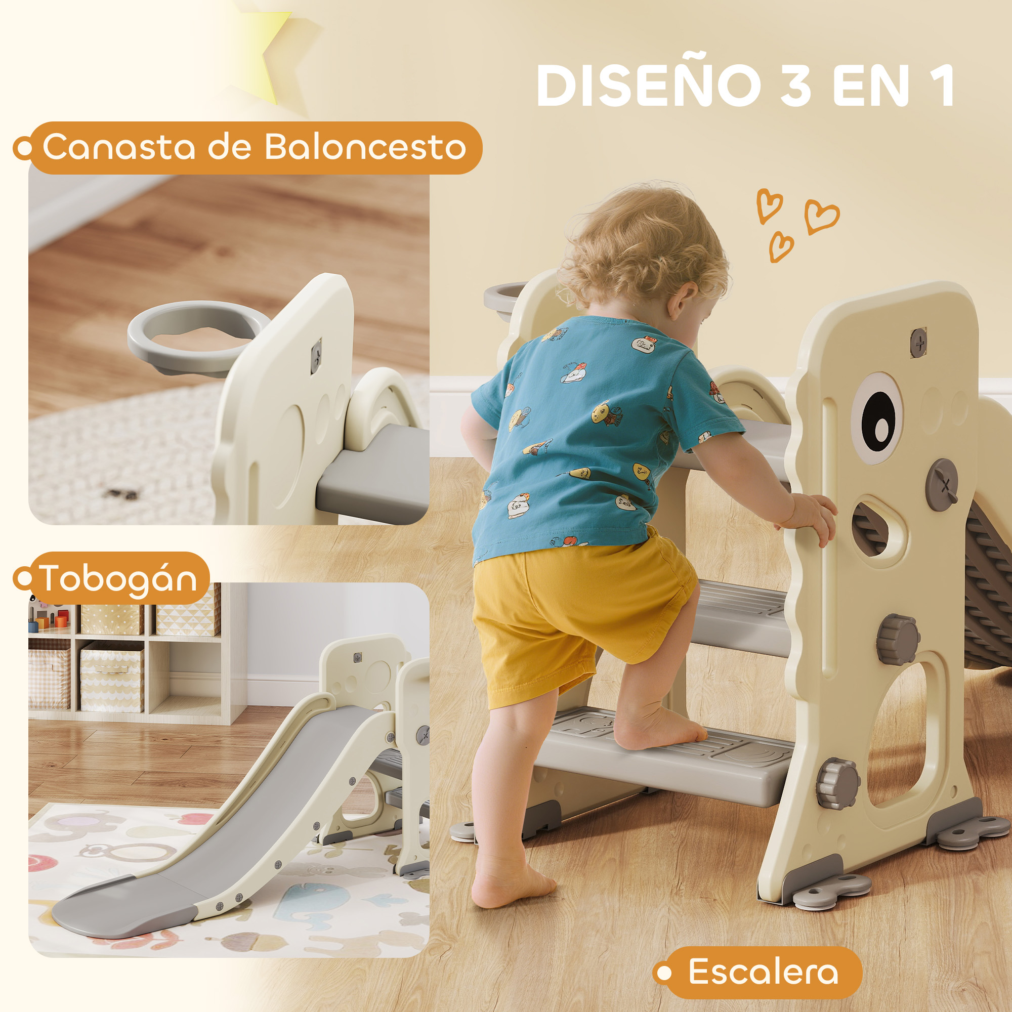 Un niño sube a una estructura de juego beige con tobogán y canasta de baloncesto. El niño lleva una camisa azul y pantalones cortos amarillos.