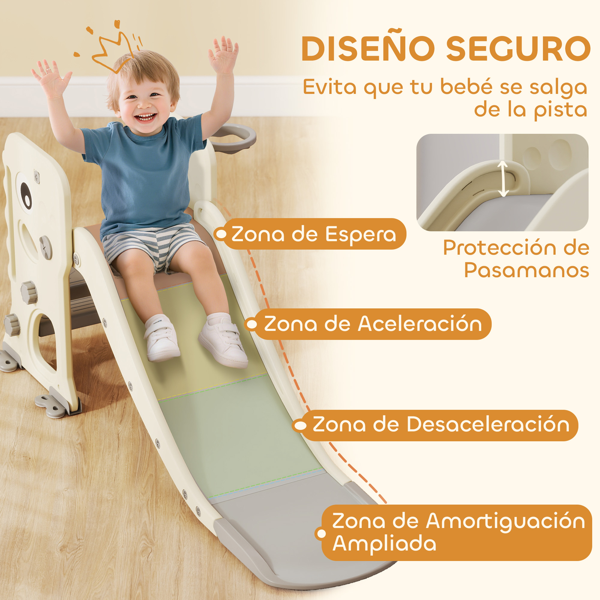 Un niño pequeño sonriente en un tobogán crema. El tobogán tiene tres zonas. Se destacan las características de seguridad.