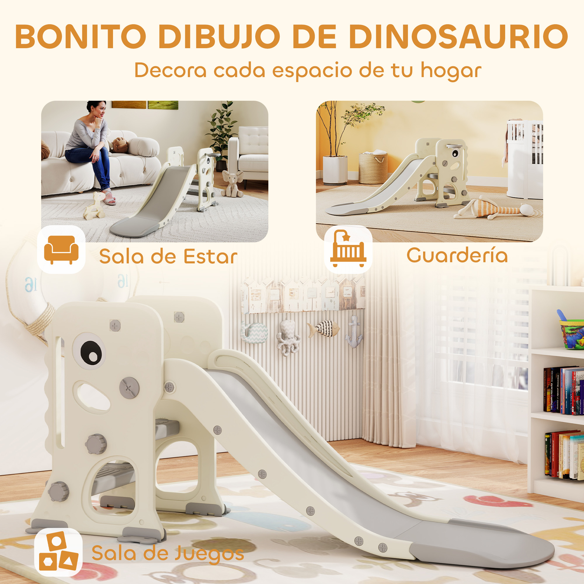 Un tobogán beige con temática de dinosaurios en diferentes habitaciones. Está en una sala de estar, guardería y sala de juegos.