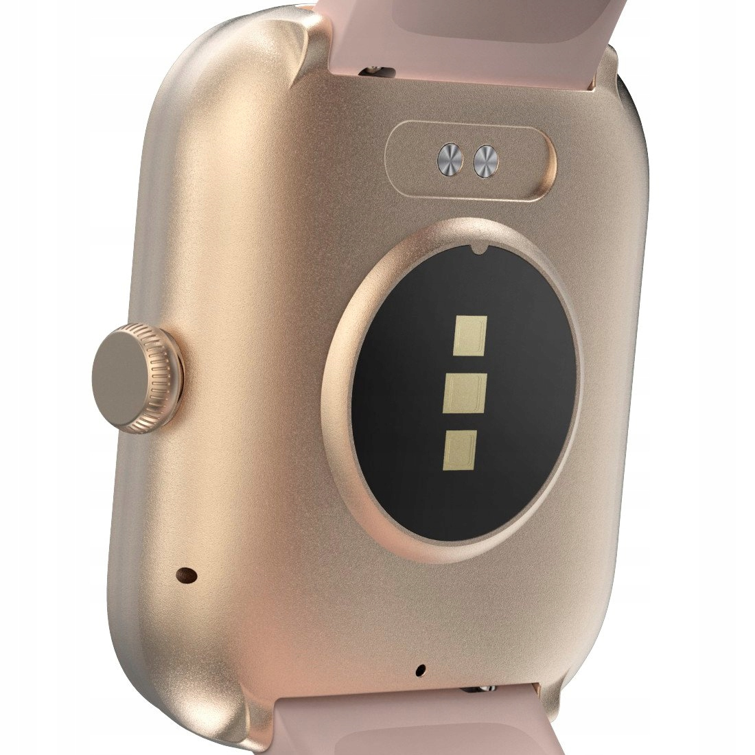 Parte trasera de un reloj inteligente, color dorado. Hay un sensor y pines de carga. Un botón está en el lado izquierdo. Correa rosa.