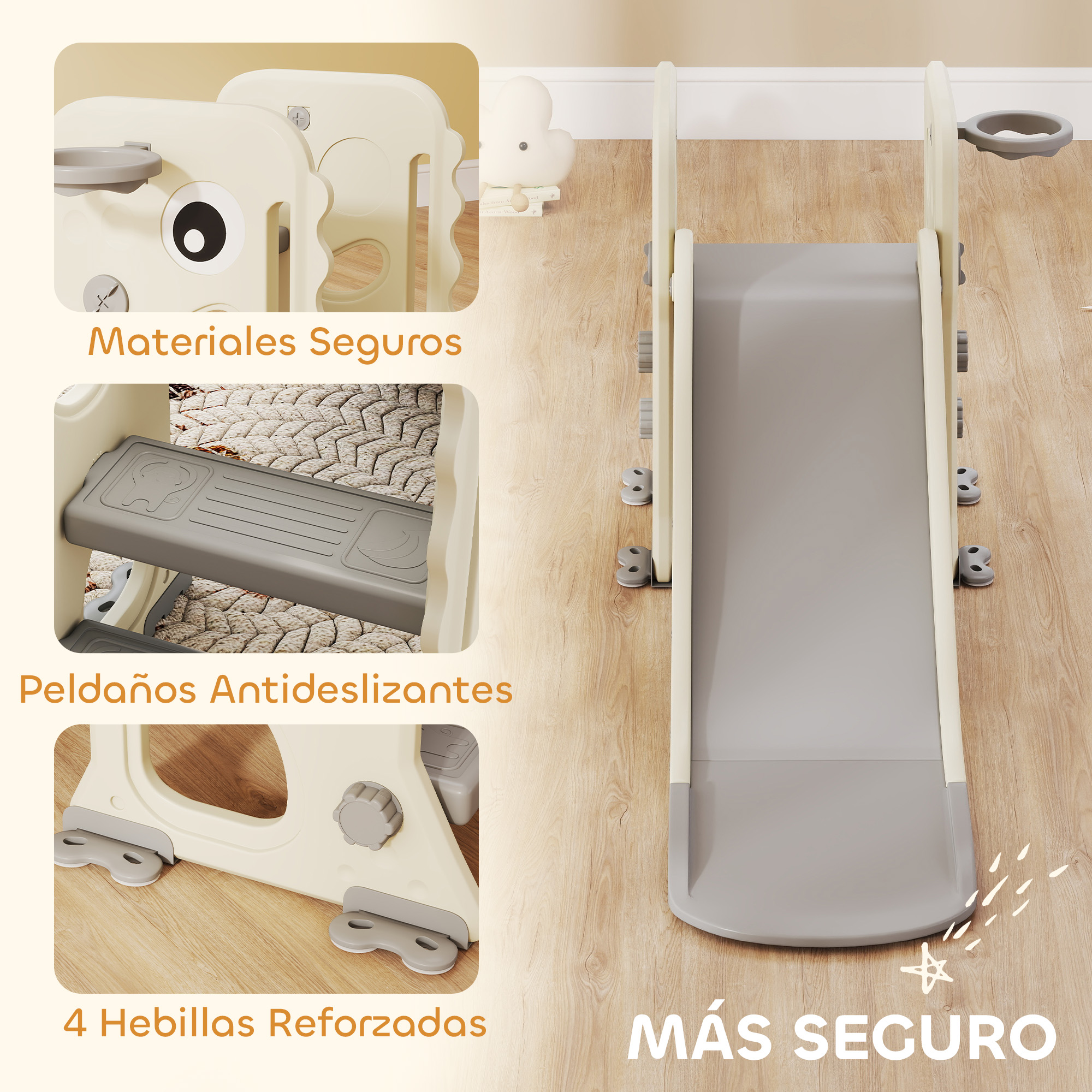 Un tobogán infantil beige y gris. Cuenta con asa de seguridad, escalones antideslizantes y hebillas reforzadas. El suelo es de madera.