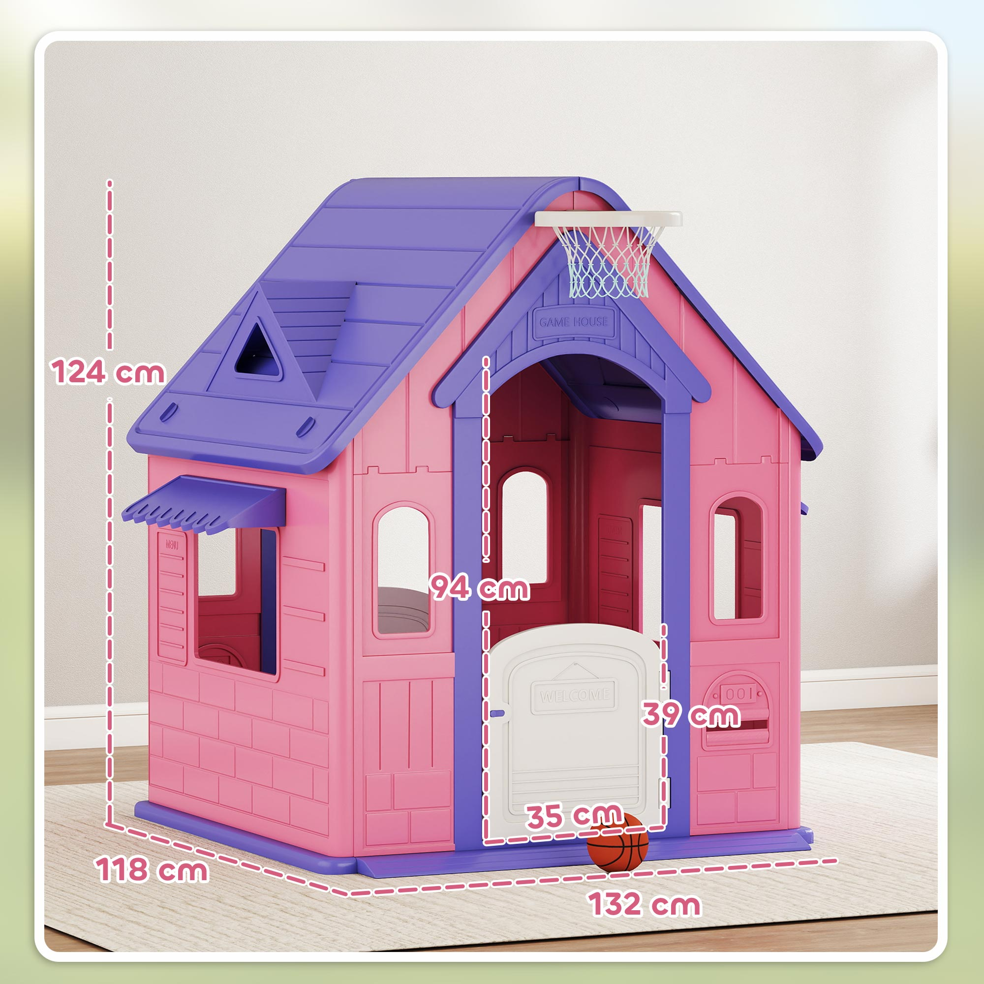 Casita rosa y morada con canasta de baloncesto. Tiene puerta, ventanas y dimensiones etiquetadas en centímetros.