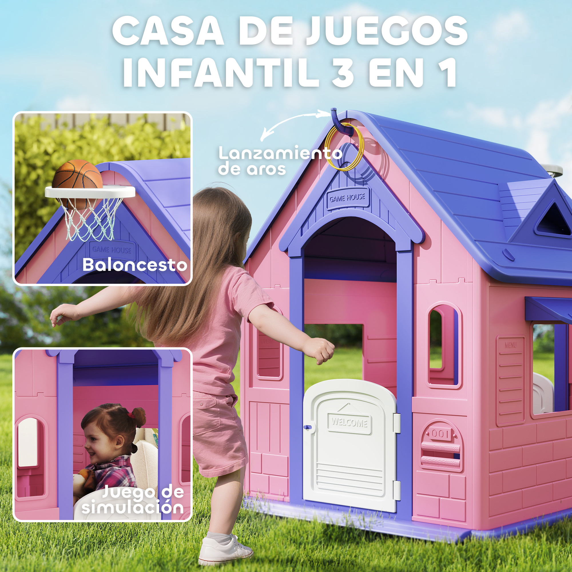Una niña juega cerca de una casa de juegos rosa y azul. La casa tiene una canasta de baloncesto y un juego de lanzamiento de aros.