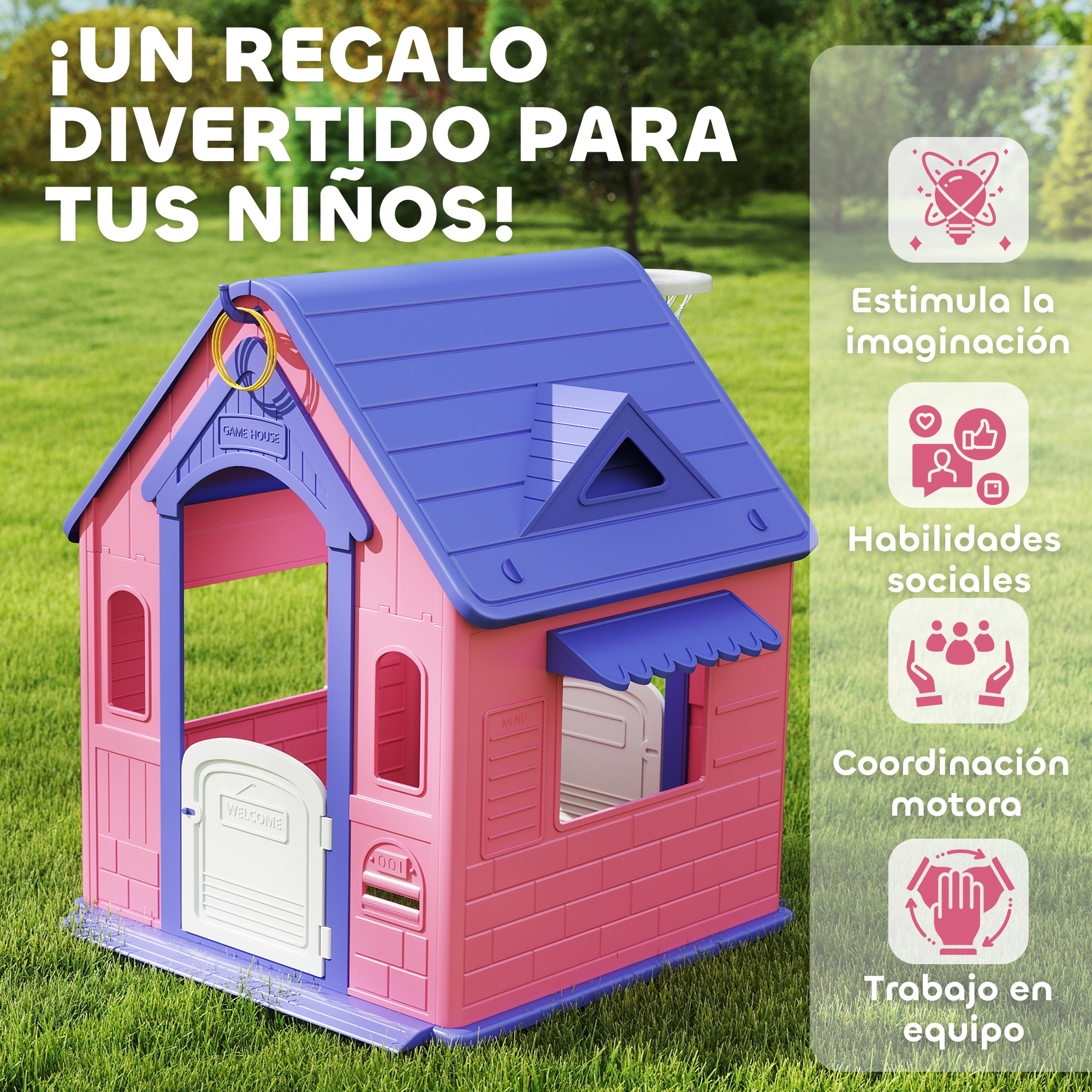 Una casita rosa y azul sobre césped. El texto dice: '¡Un regalo divertido para tus hijos!' y describe beneficios.