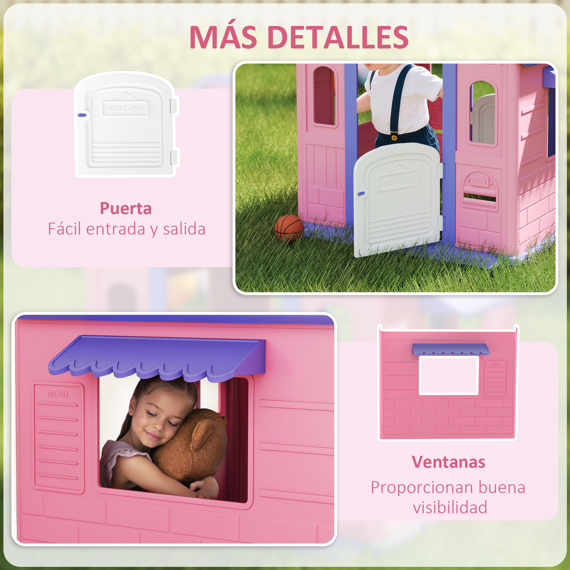 Casa de juegos rosa con puerta y ventanas. Un niño abraza un oso de peluche dentro. Una pelota de baloncesto junto a la puerta.