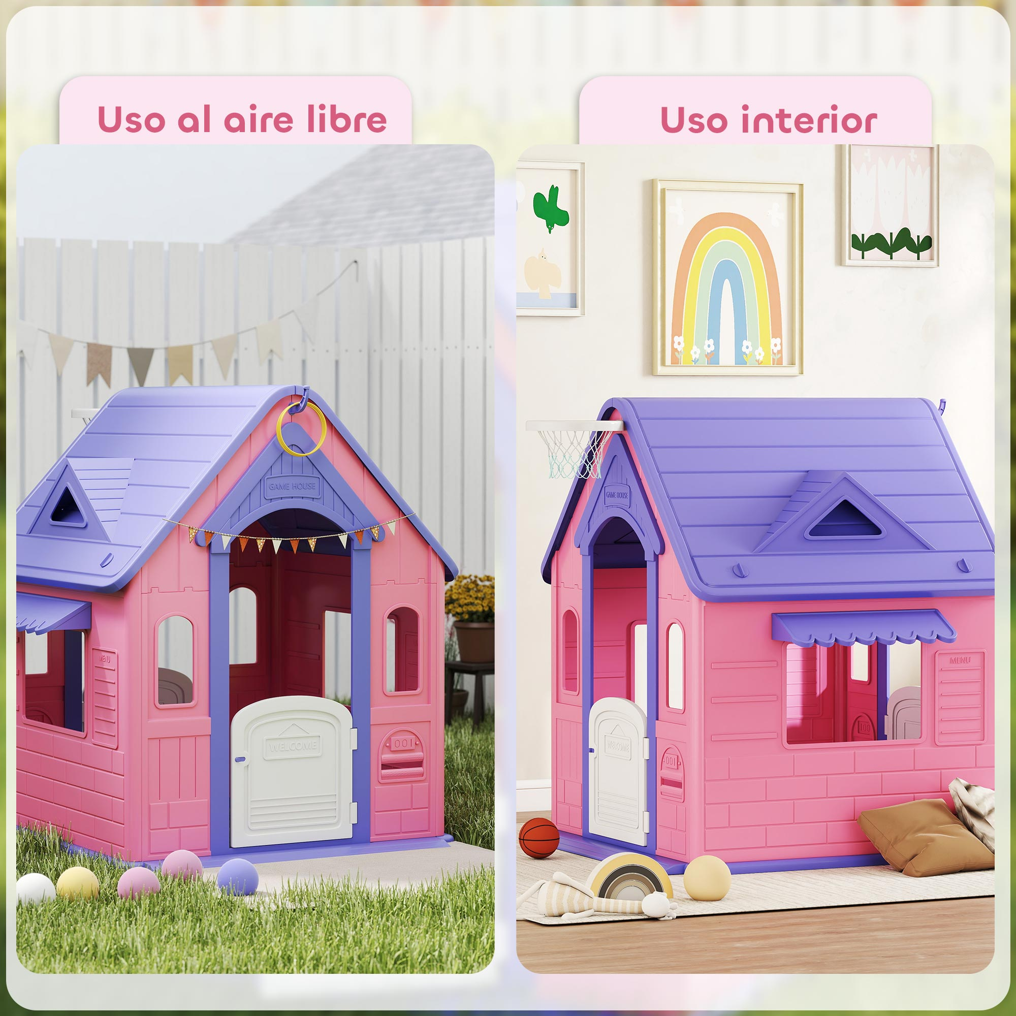 Una casita de juegos rosa y morada, con puerta blanca y buzón. Dos escenas: exterior con césped e interior con decoración.