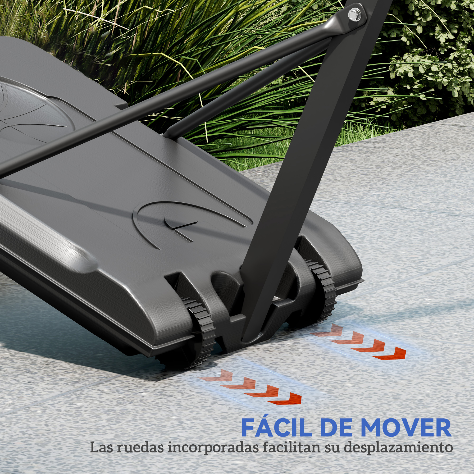 Detalle de carrito negro con ruedas. Flechas indican dirección del movimiento. Texto: 'Fácil de mover', las ruedas facilitan el movimiento.