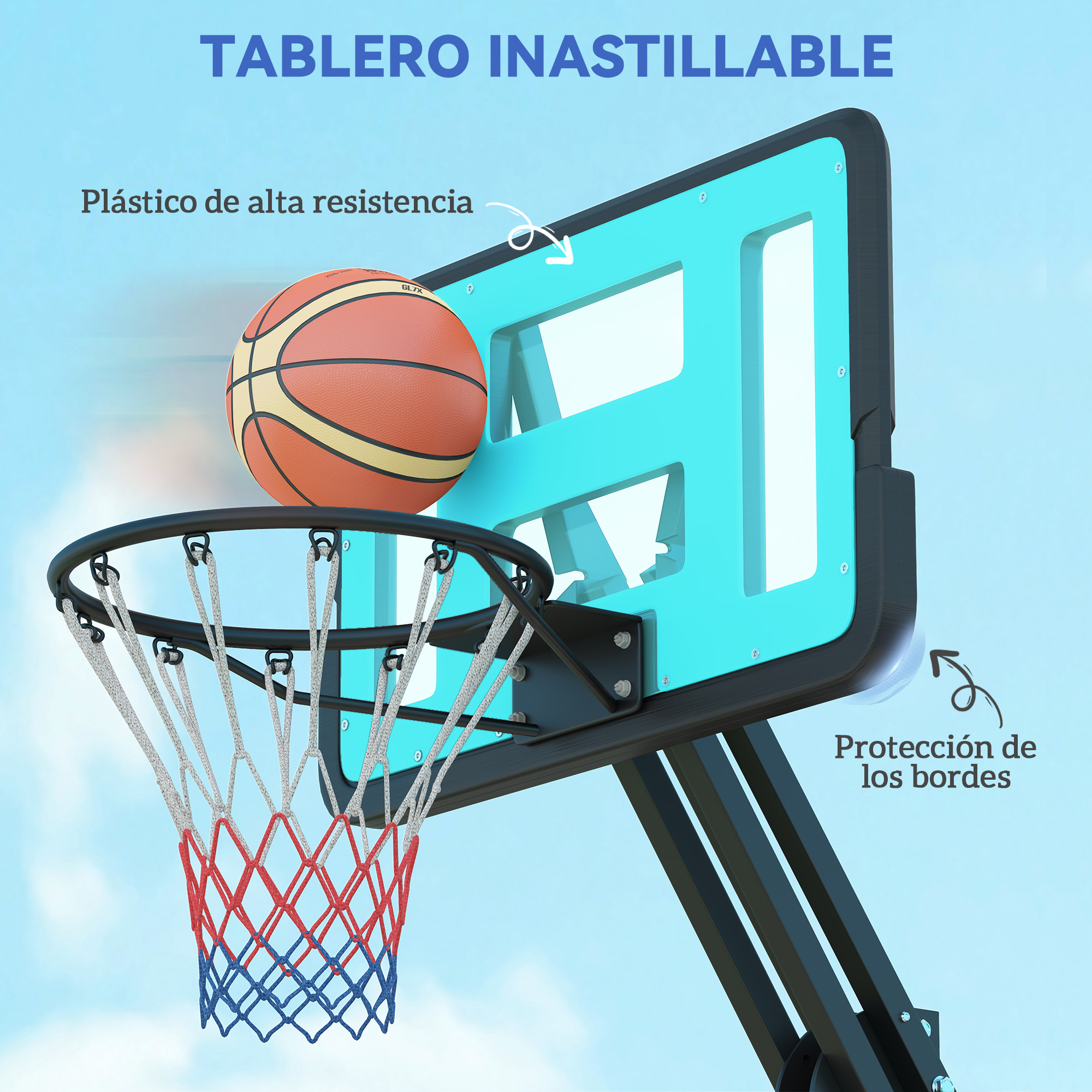Aro de baloncesto con balón en el aire. El tablero es azul, la red roja y azul. El fondo es un cielo azul claro.