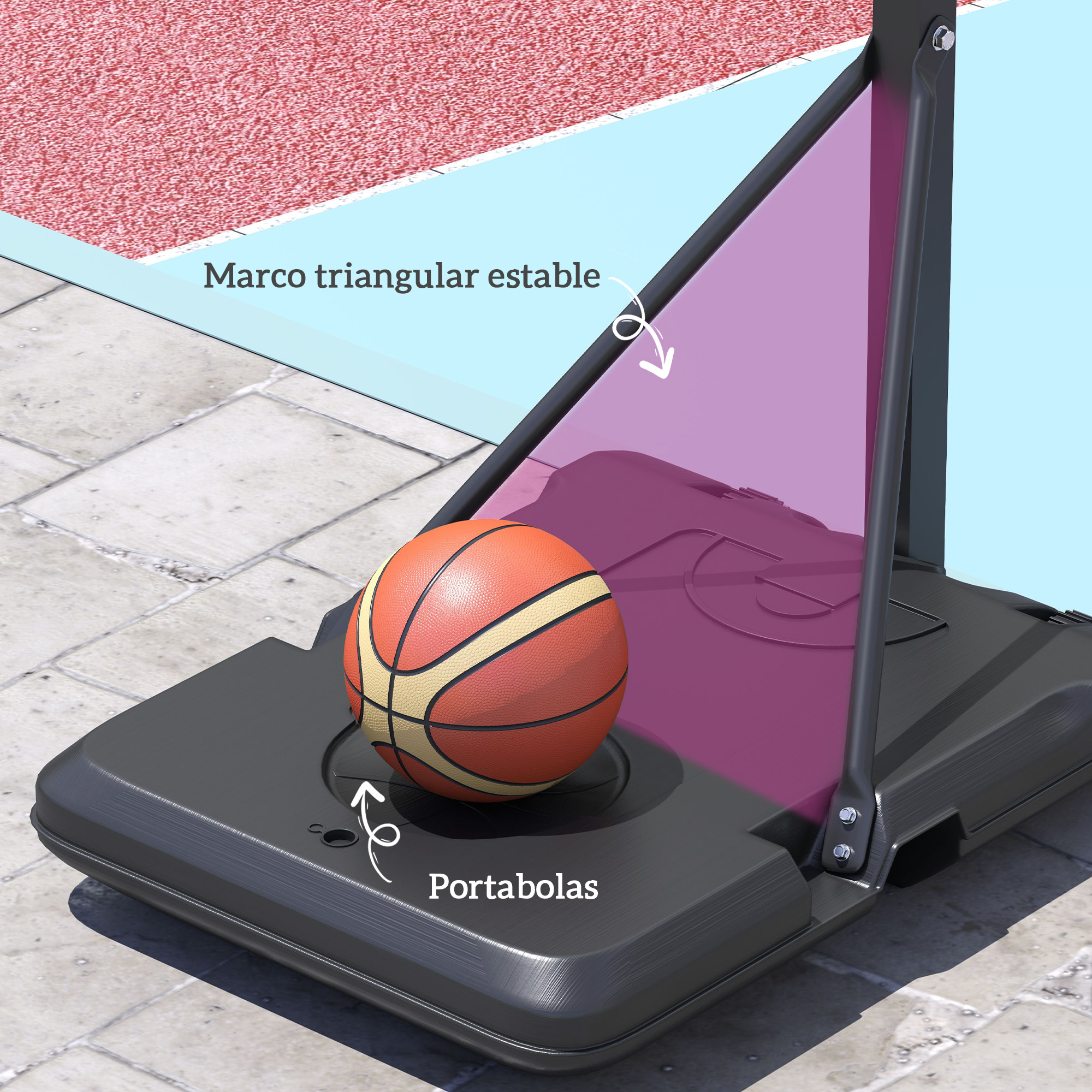Un balón de baloncesto descansa sobre una base negra. El tablero es morado. La cancha es roja y azul. Un letrero dice 'Marco triangular estable'.