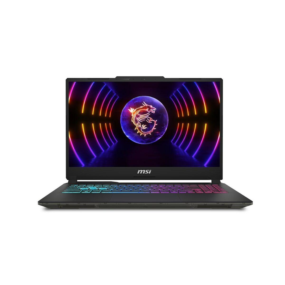 Czarny laptop MSI jest otwarty. Ekran wyświetla logo smoka z kolorowymi liniami. Klawiatura ma gradient tęczy.