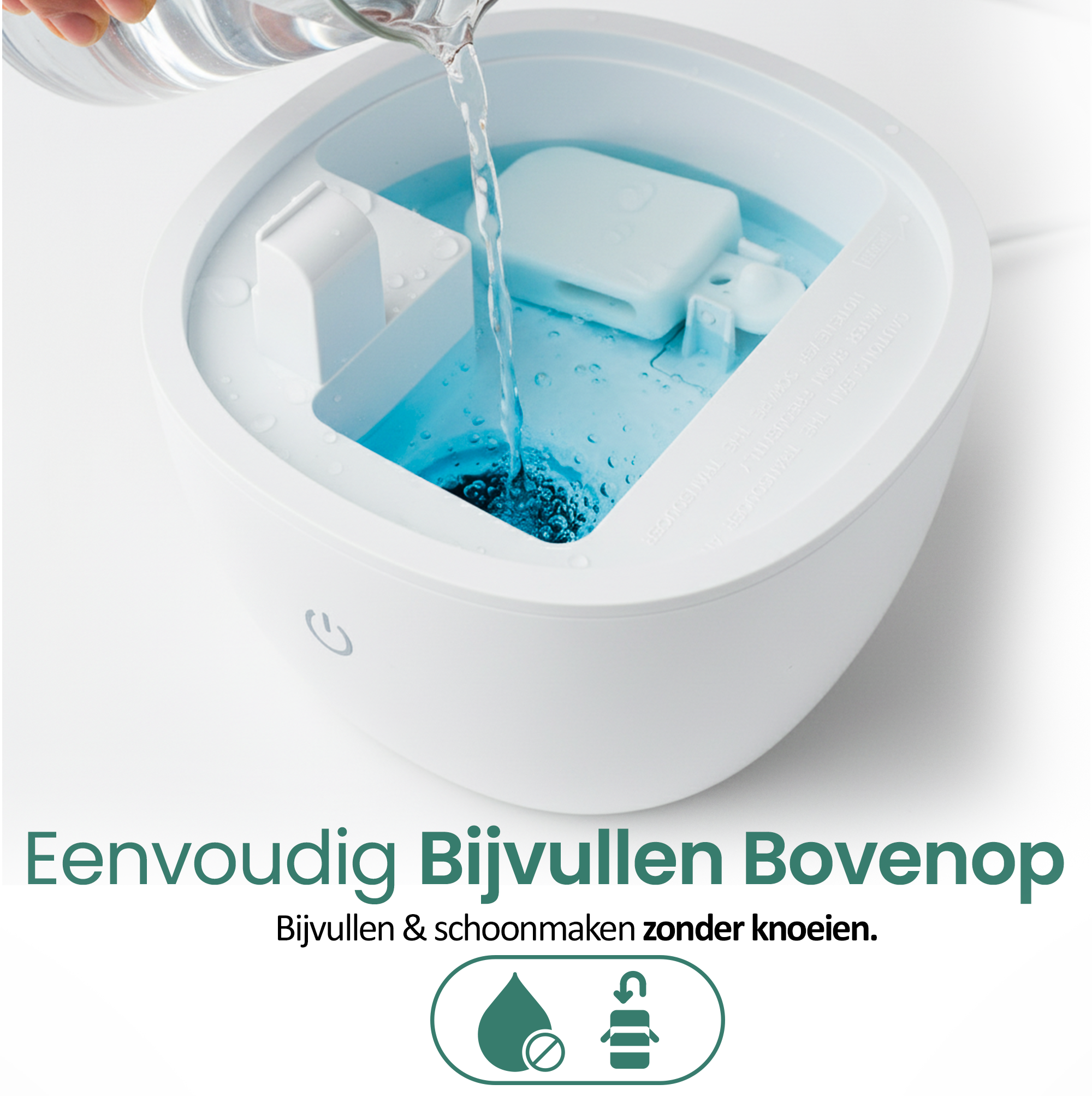 A hand pours water into a white humidifier. The water is clear, and the humidifier is white. Text at the bottom.